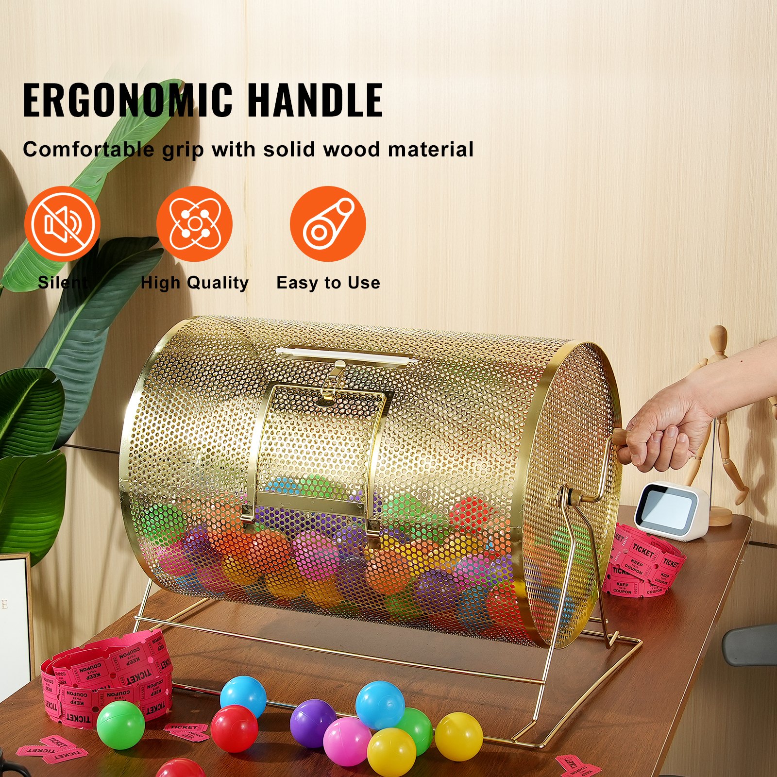 VEVOR Raffle Drum, 14.8 x Ø21.26 inch Brass Plated Raffle Ticket Spinning Cage, Holds 10000 Tickets or 300 Ping Pong Balls, Metal Lottery Spinning Drawing with Wooden Turning Handle, for Bingo Ballot
