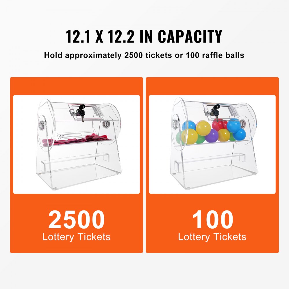 VEVOR Acrylic Raffle Drum, Holds 2500 Tickets or 100 Raffle Balls, Professional Raffle Ticket Spinning Cage with 2 Keys, Transparent Lottery Spinning Drawing, Raffle Ticket Box for Lottery Games Bingo