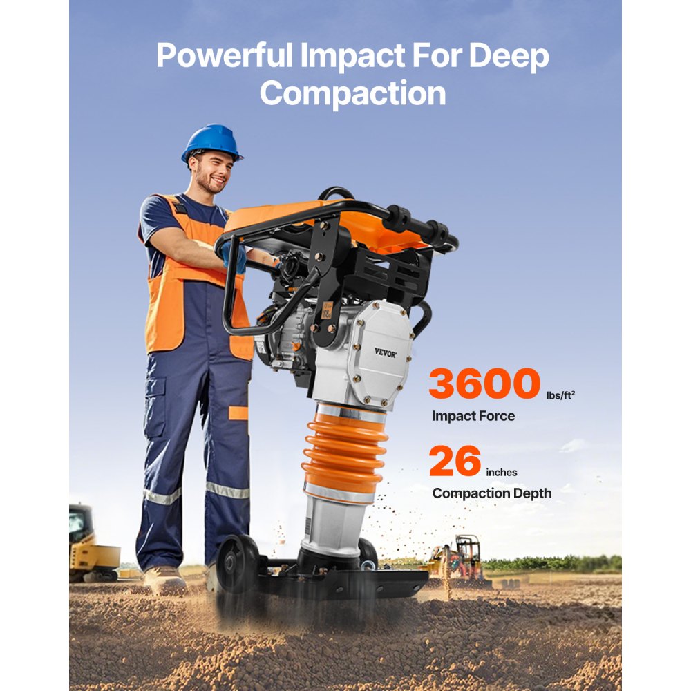VEVOR Jumping Jack Compactor, 6.5 HP Vibratory Rammer Fuel-Powered 196 cc Engine Tamper, 3600 lbs Impact Force, 26" Max Compaction Depth, for Soil, Gravel, Footings, Concrete Slabs, and Foundations