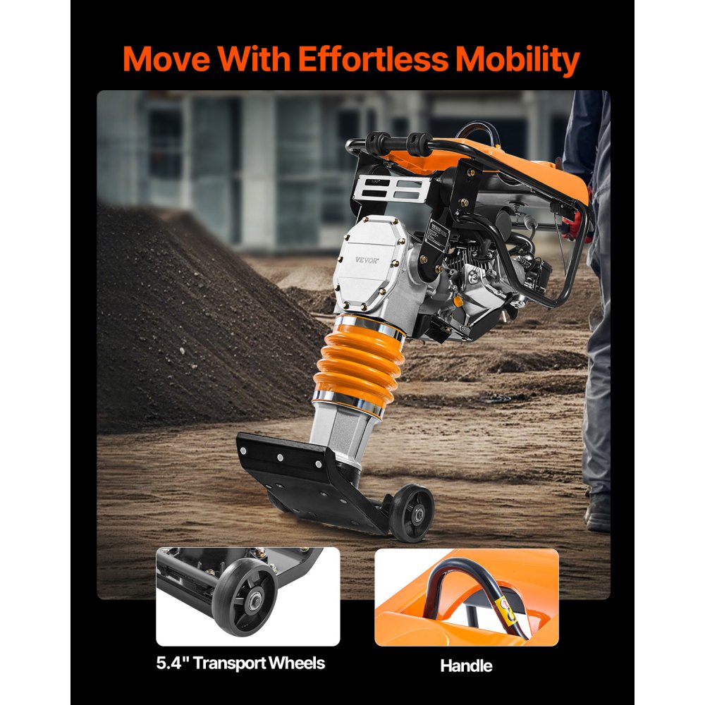 VEVOR Jumping Jack Compactor, 6.5 HP Vibratory Rammer Fuel-Powered 196 cc Engine Tamper, 3600 lbs Impact Force, 26" Max Compaction Depth, for Soil, Gravel, Footings, Concrete Slabs, and Foundations