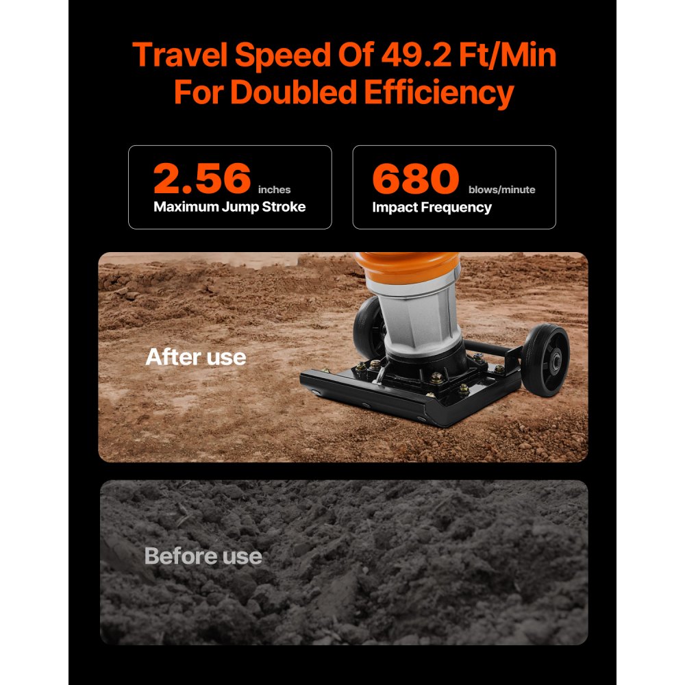 VEVOR Jumping Jack Compactor, 6.5 HP Vibratory Rammer Fuel-Powered 196 cc Engine Tamper, 3600 lbs Impact Force, 26" Max Compaction Depth, for Soil, Gravel, Footings, Concrete Slabs, and Foundations