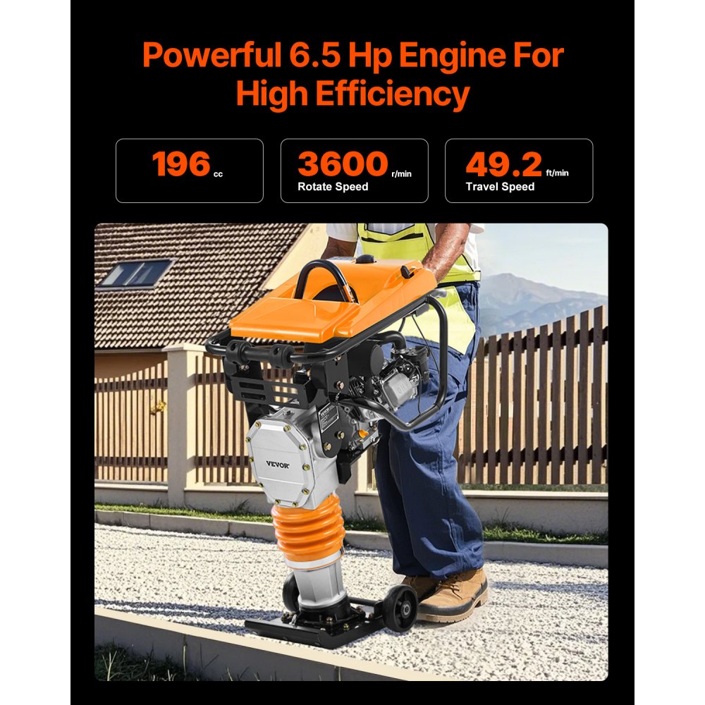 VEVOR Jumping Jack Compactor, 6.5 HP Vibratory Rammer Fuel-Powered 196 cc Engine Tamper, 3600 lbs Impact Force, 26" Max Compaction Depth, for Soil, Gravel, Footings, Concrete Slabs, and Foundations