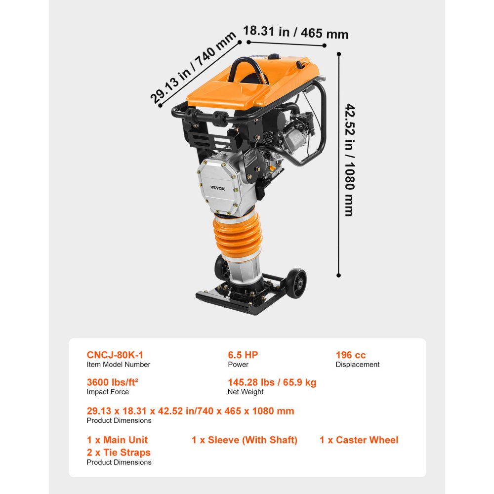 VEVOR Jumping Jack Compactor, 6.5 HP Vibratory Rammer Fuel-Powered 196 cc Engine Tamper, 3600 lbs Impact Force, 26" Max Compaction Depth, for Soil, Gravel, Footings, Concrete Slabs, and Foundations