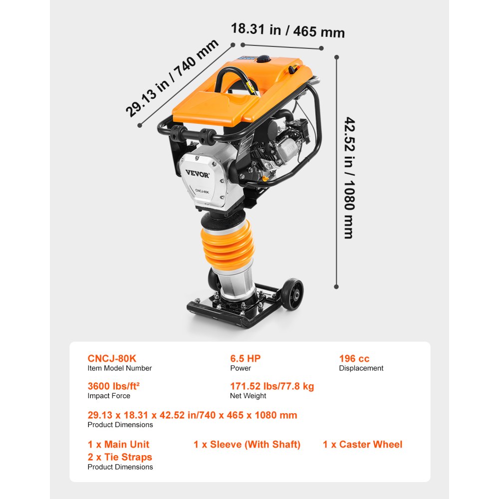 VEVOR Jumping Jack Compactor, 6.5 HP Vibratory Rammer Fuel-Powered 196 cc Engine Tamper, 3600 lbs Impact Force, 26" Max Compaction Depth, Four-Spring, for Soil, Gravel, Concrete Slabs, Foundations