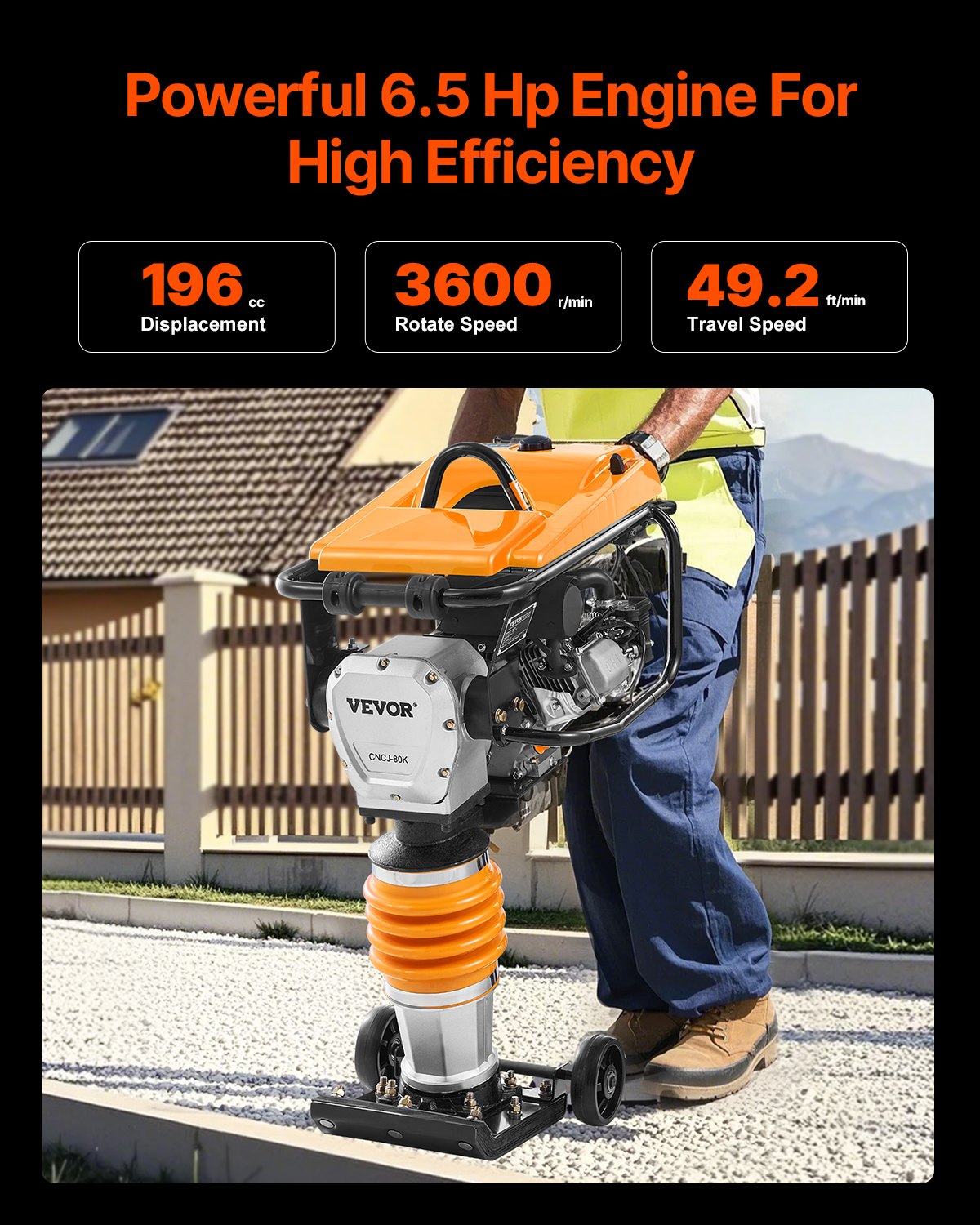 VEVOR Jumping Jack Compactor, 6.5 HP Vibratory Rammer Fuel-Powered 196 cc Engine Tamper, 3600 lbs Impact Force, 26" Max Compaction Depth, Four-Spring, for Soil, Gravel, Concrete Slabs, Foundations