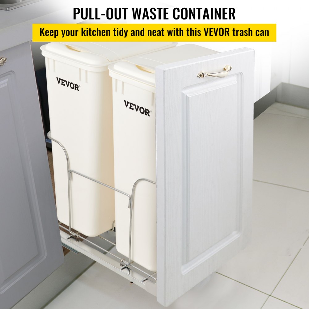 VEVOR Pull-Out Trash Can, 43Qt Double Bins, Under Mount Waste Container with Soft-Close Slides, 176lbs Load Capacity & Door-Mounted Brackets, Garbage Recycling Bin with Lids for Kitchen Cabinet, White
