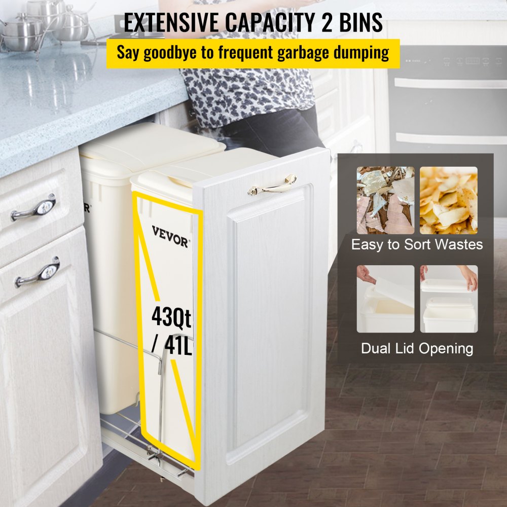 VEVOR Pull-Out Trash Can, 43Qt Double Bins, Under Mount Waste Container with Soft-Close Slides, 176lbs Load Capacity & Door-Mounted Brackets, Garbage Recycling Bin with Lids for Kitchen Cabinet, White