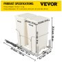 VEVOR Pull-Out Trash Can, 43Qt Double Bins, Under Mount Waste Container with Soft-Close Slides, 176lbs Load Capacity & Door-Mounted Brackets, Garbage Recycling Bin with Lids for Kitchen Cabinet, White