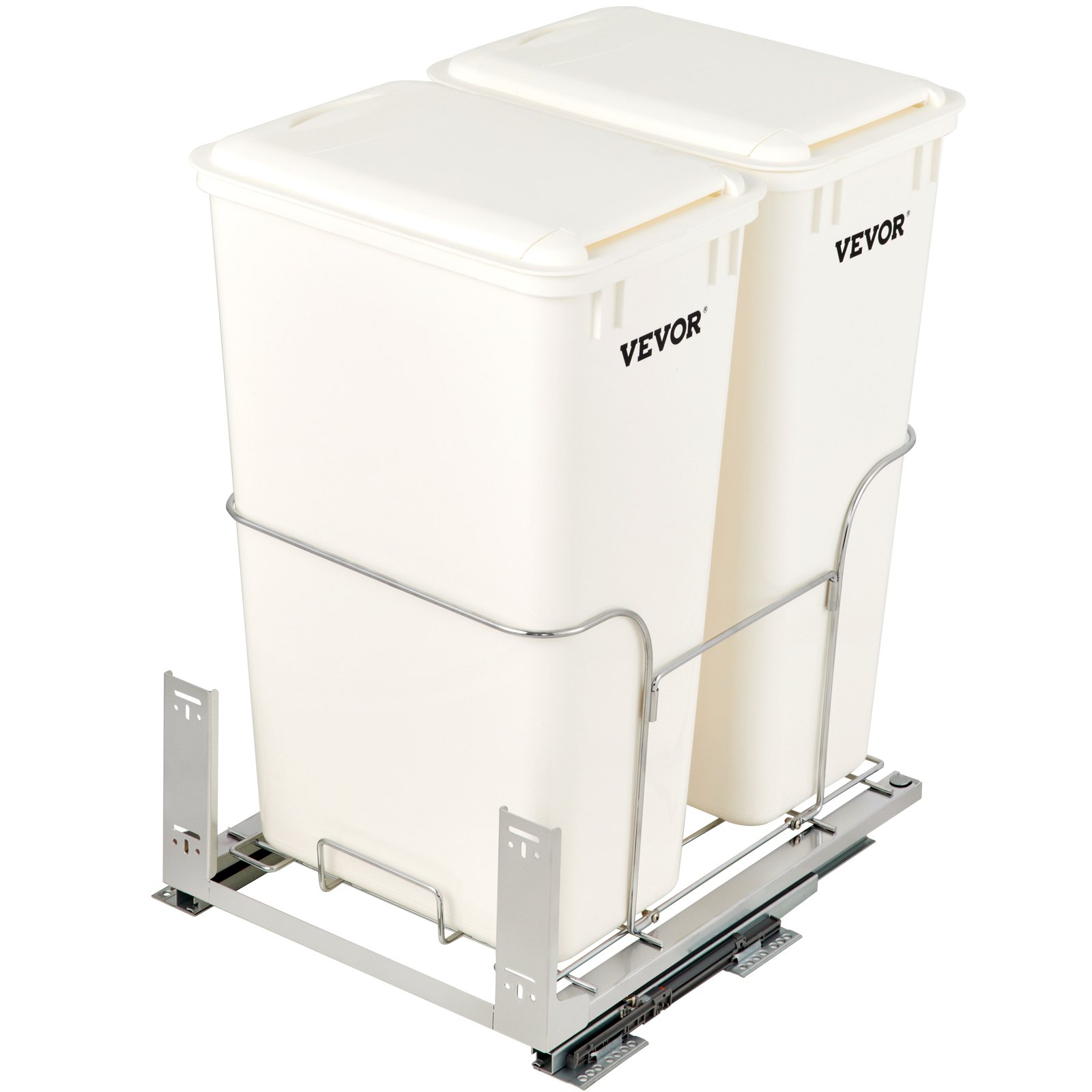 VEVOR Pull-Out Trash Can, 43Qt Double Bins, Under Mount Waste Container with Soft-Close Slides, 176lbs Load Capacity & Door-Mounted Brackets, Garbage Recycling Bin with Lids for Kitchen Cabinet, White