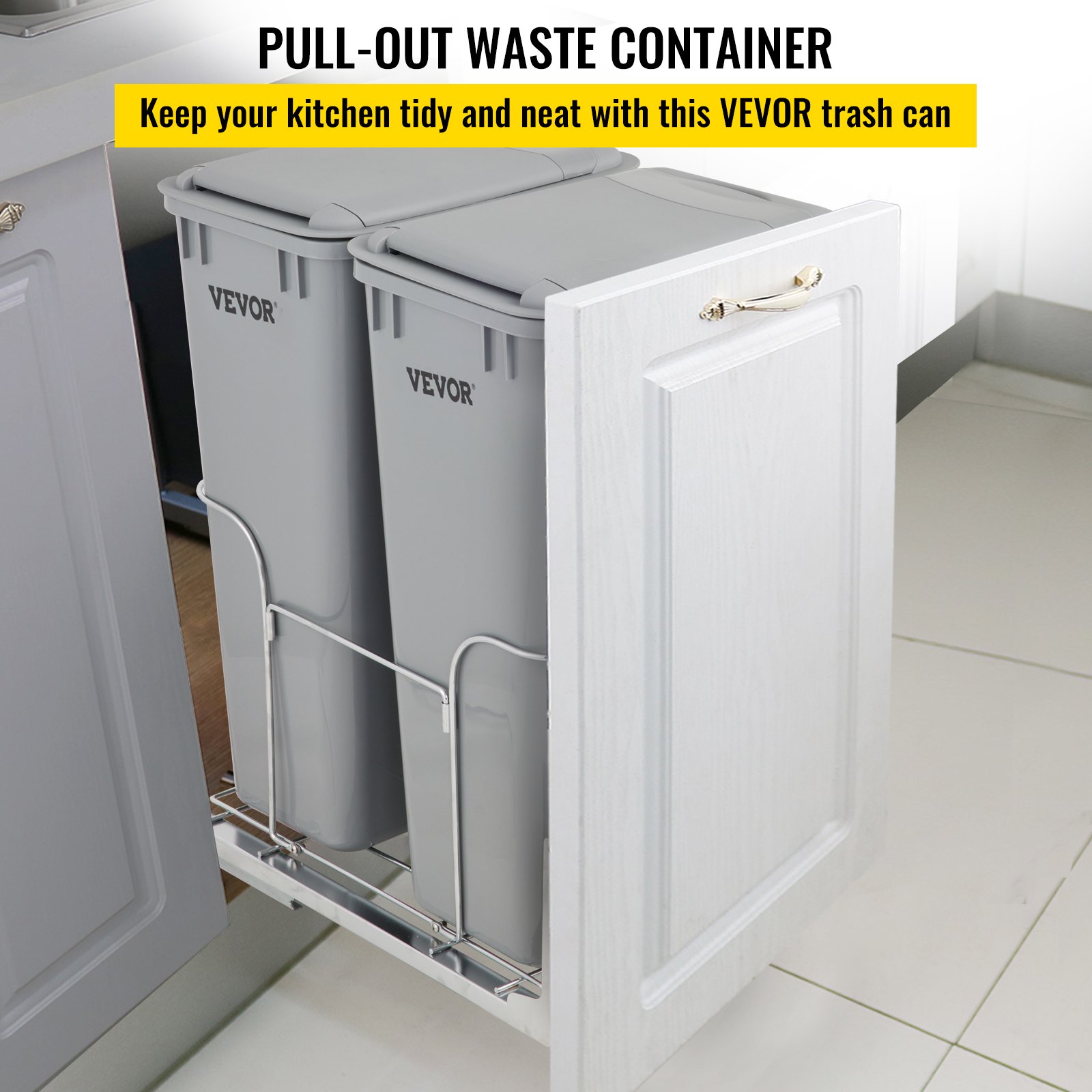 VEVOR Pull-Out Trash Can, 43Qt Double Bins, Under Mount Waste Container with Soft-Close Slides, 176 lbs Load Capacity & Door-Mounted Brackets, Garbage Recycling Bin with Lids for Kitchen Cabinet, Grey