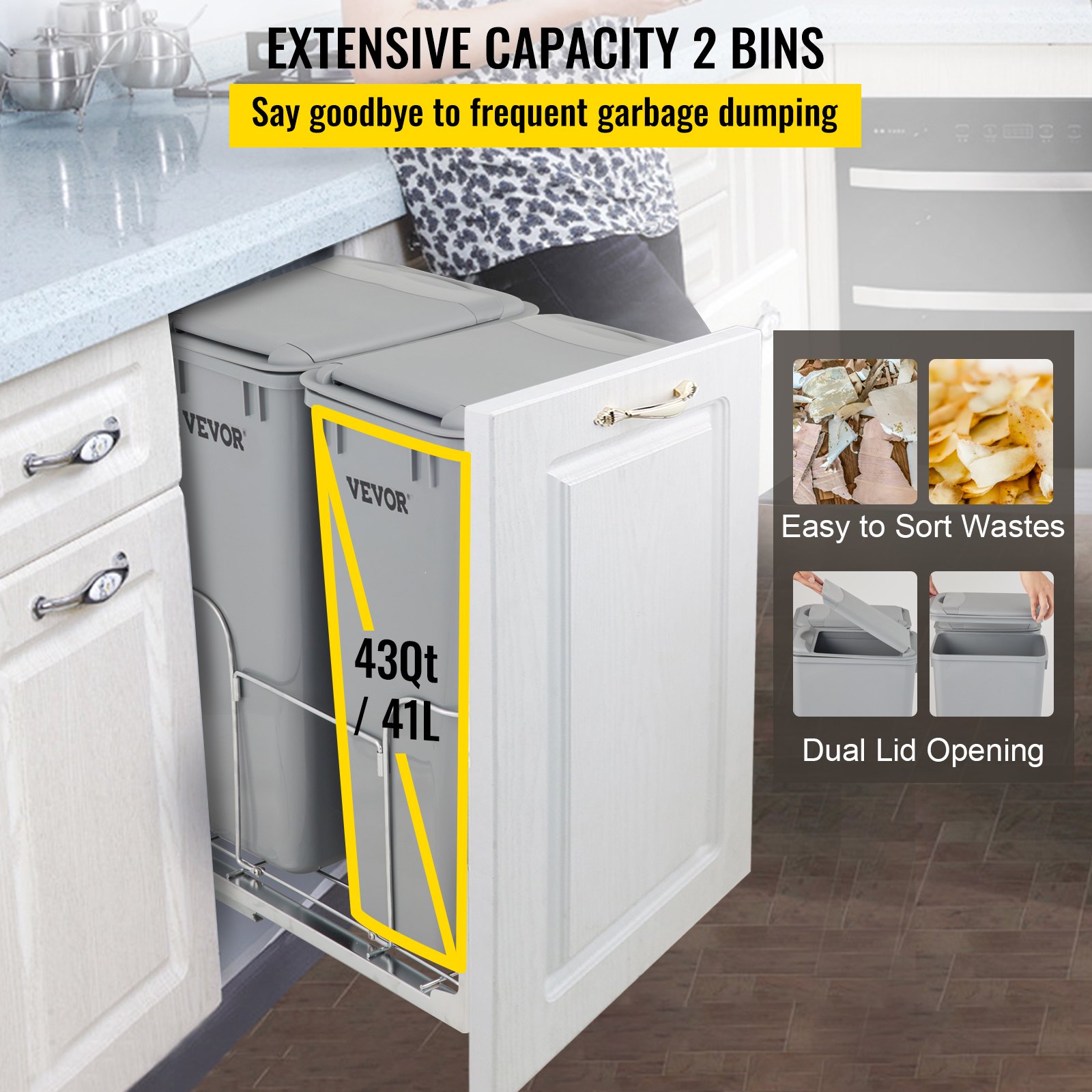 VEVOR Pull-Out Trash Can, 43Qt Double Bins, Under Mount Waste Container with Soft-Close Slides, 176 lbs Load Capacity & Door-Mounted Brackets, Garbage Recycling Bin with Lids for Kitchen Cabinet, Grey