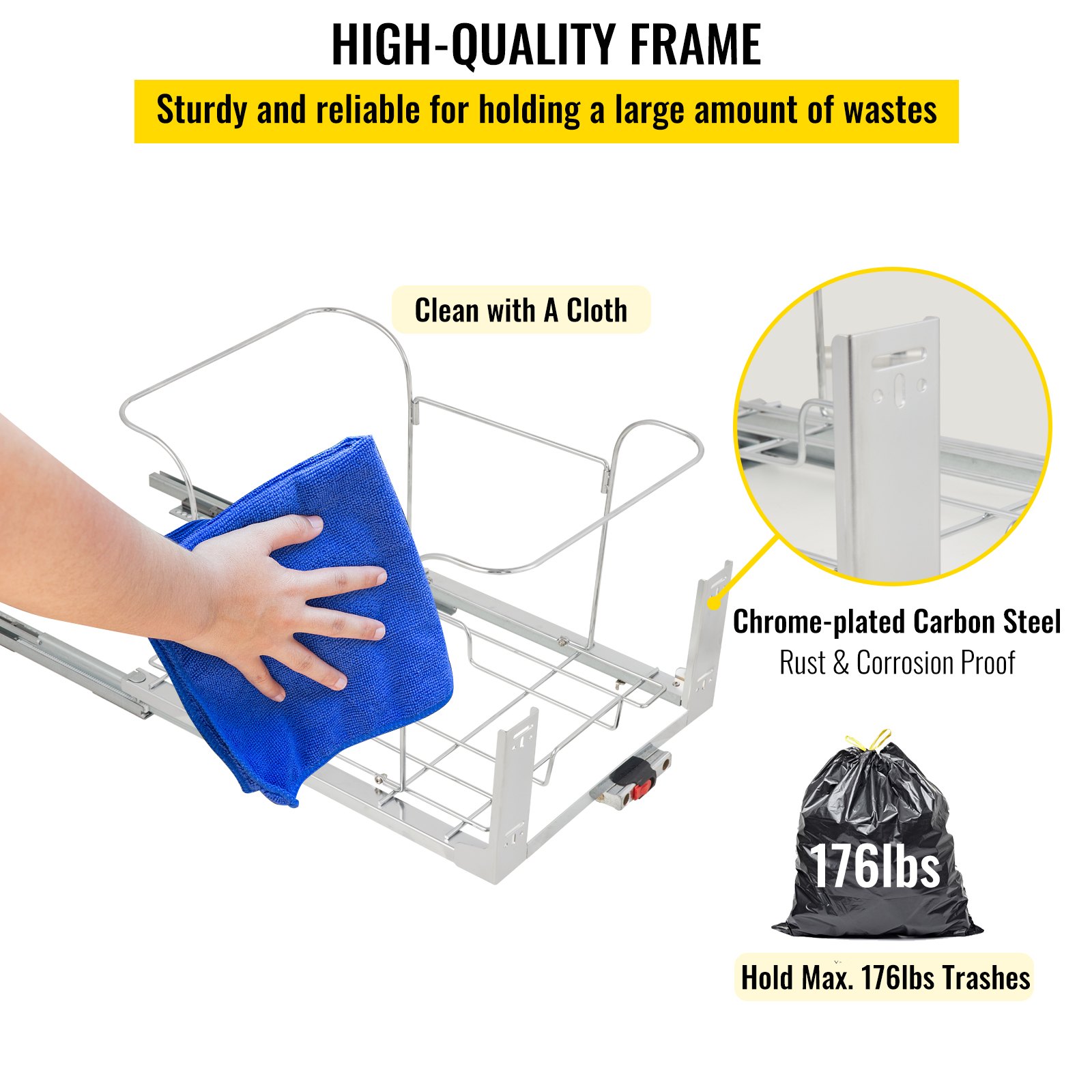 VEVOR Pull-Out Trash Can, 43Qt Double Bins, Under Mount Waste Container with Soft-Close Slides, 176 lbs Load Capacity & Door-Mounted Brackets, Garbage Recycling Bin with Lids for Kitchen Cabinet, Grey
