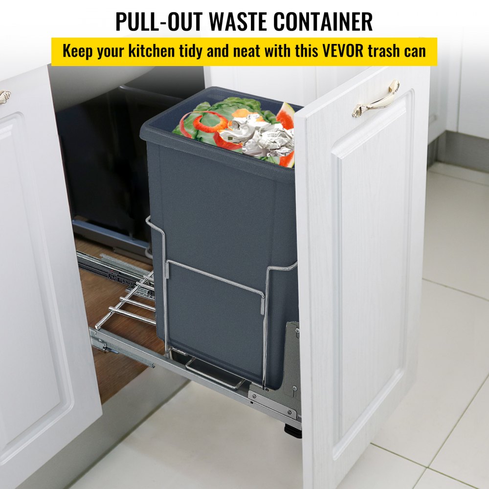 VEVOR Pull-Out Trash Can, 37Qt Single Bin, Under Mount Kitchen Waste Container with Soft-Close Slides, 33 lbs Load Capacity & Door-Mounted Brackets, Garbage Recycling Bin for Kitchen Cabinet, Grey