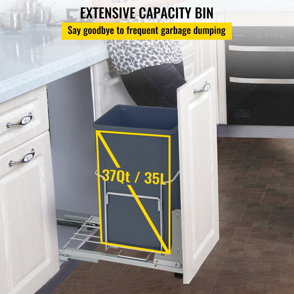 VEVOR Pull-Out Trash Can, 37Qt Single Bin, Under Mount Kitchen Waste Container with Soft-Close Slides, 33 lbs Load Capacity & Door-Mounted Brackets, Garbage Recycling Bin for Kitchen Cabinet, Grey