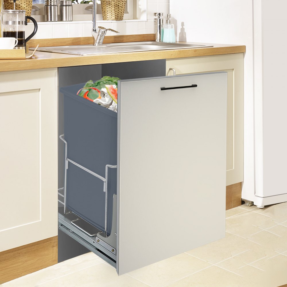 VEVOR Pull-Out Trash Can, 37Qt Single Bin, Under Mount Kitchen Waste Container with Soft-Close Slides, 33 lbs Load Capacity & Door-Mounted Brackets, Garbage Recycling Bin for Kitchen Cabinet, Grey