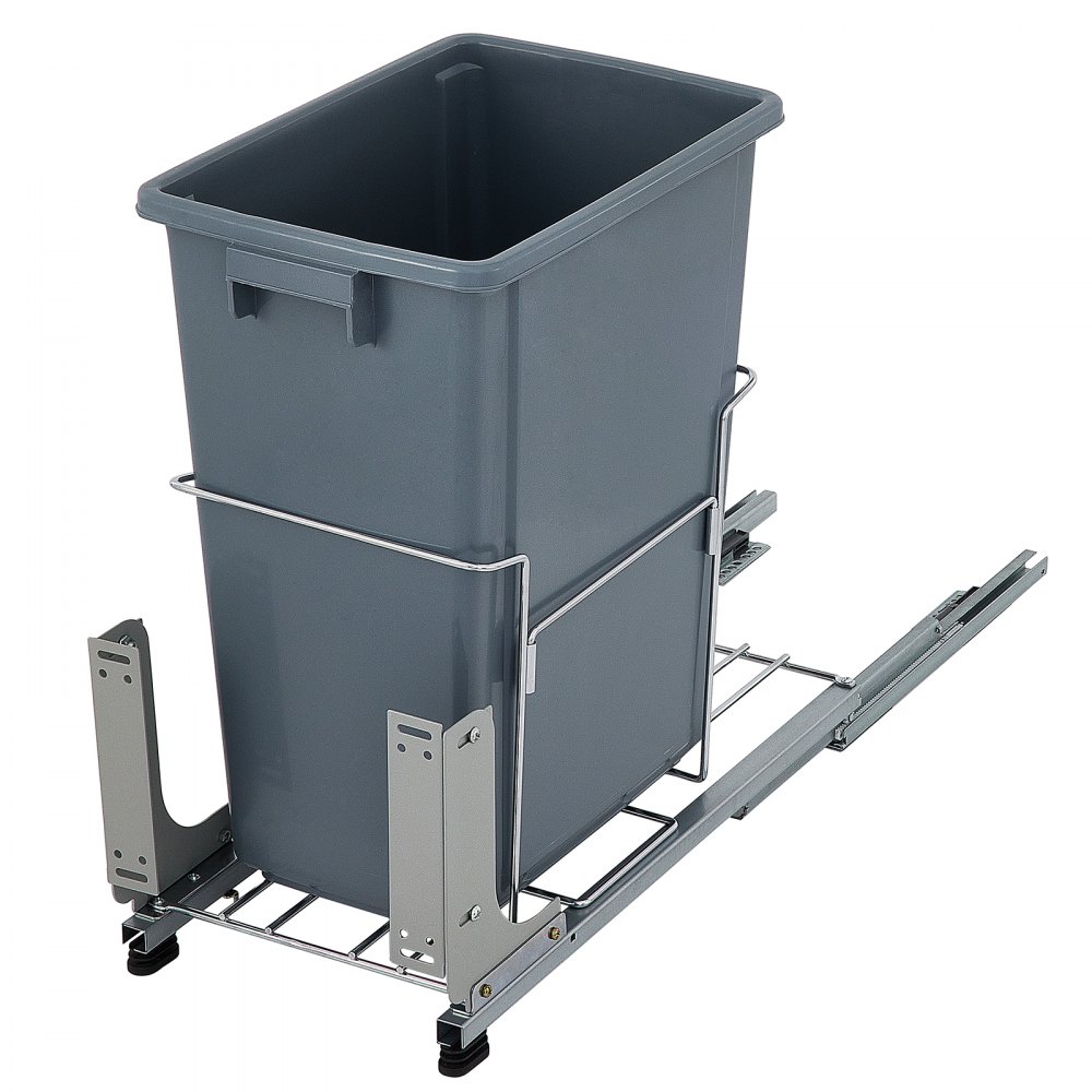 VEVOR Pull-Out Trash Can, 37Qt Single Bin, Under Mount Kitchen Waste Container with Soft-Close Slides, 33 lbs Load Capacity & Door-Mounted Brackets, Garbage Recycling Bin for Kitchen Cabinet, Grey