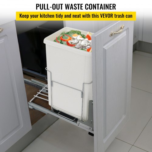 VEVOR Pull-Out Trash Can, 37Qt Single Bin, Under Mount Kitchen Waste Container with Soft-Close Slides, 33 lbs Load Capacity & Door-Mounted Brackets, Garbage Recycling Bin for Kitchen Cabinet, White