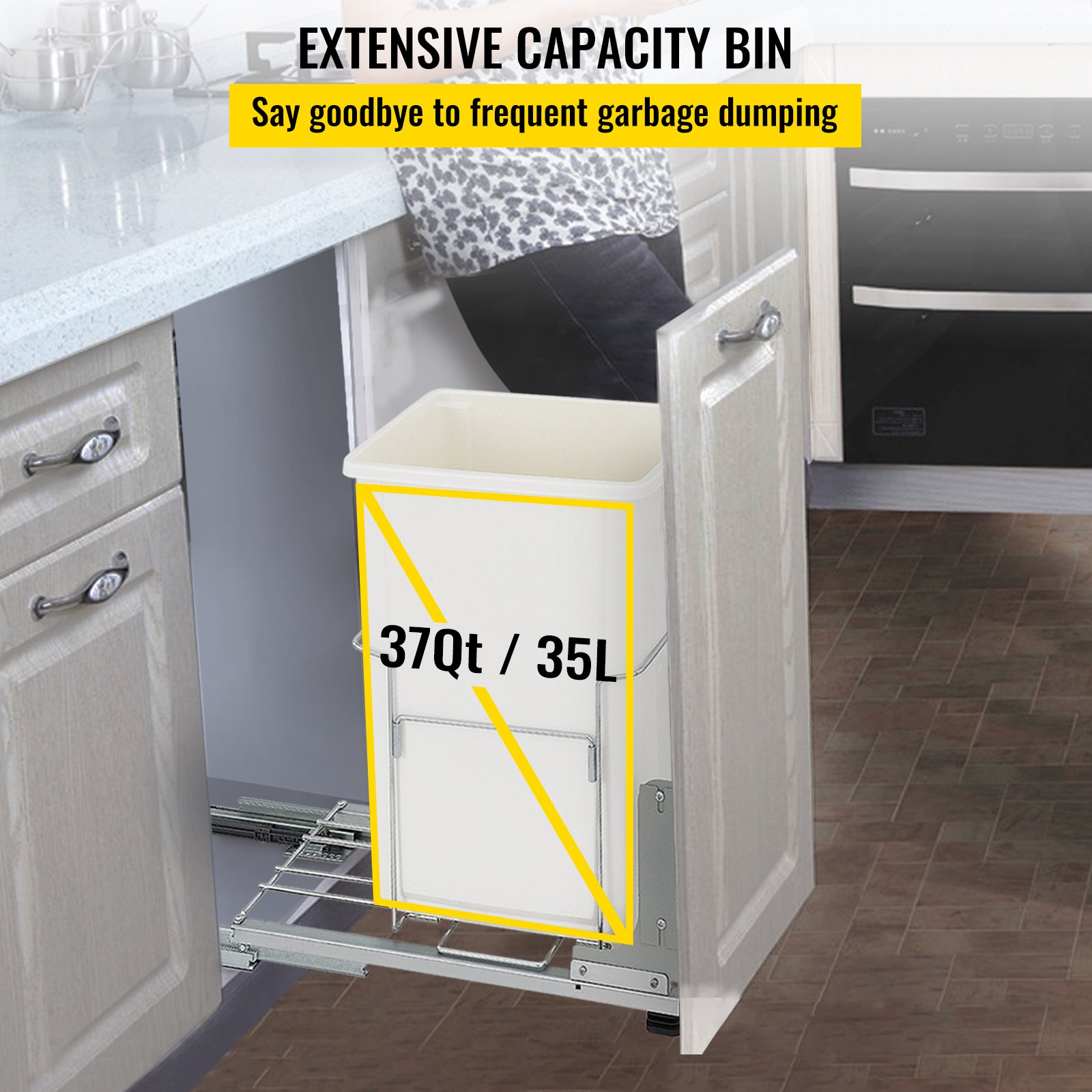 VEVOR Pull-Out Trash Can, 37Qt Single Bin, Under Mount Kitchen Waste Container with Soft-Close Slides, 33 lbs Load Capacity & Door-Mounted Brackets, Garbage Recycling Bin for Kitchen Cabinet, White