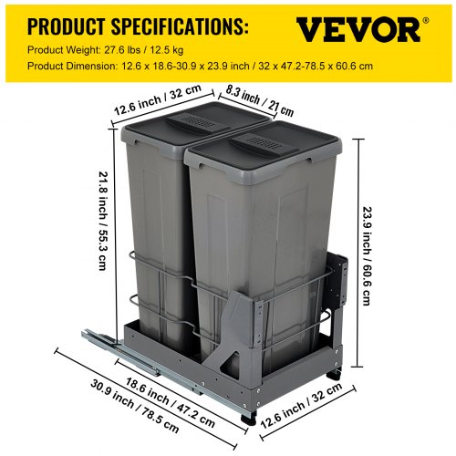 VEVOR Pull-Out Trash Can, 29Qt Double Bins, Under Mount Waste Container with Soft-Close Slides, 66 lbs Load Capacity & Door-Mounted Brackets, Garbage Recycling Bin with Lids for Kitchen Cabinet, Grey