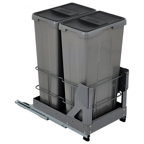 VEVOR Pull-Out Trash Can, 29Qt Double Bins, Under Mount Waste Container with Soft-Close Slides, 66 lbs Load Capacity & Door-Mounted Brackets, Garbage Recycling Bin with Lids for Kitchen Cabinet, Grey