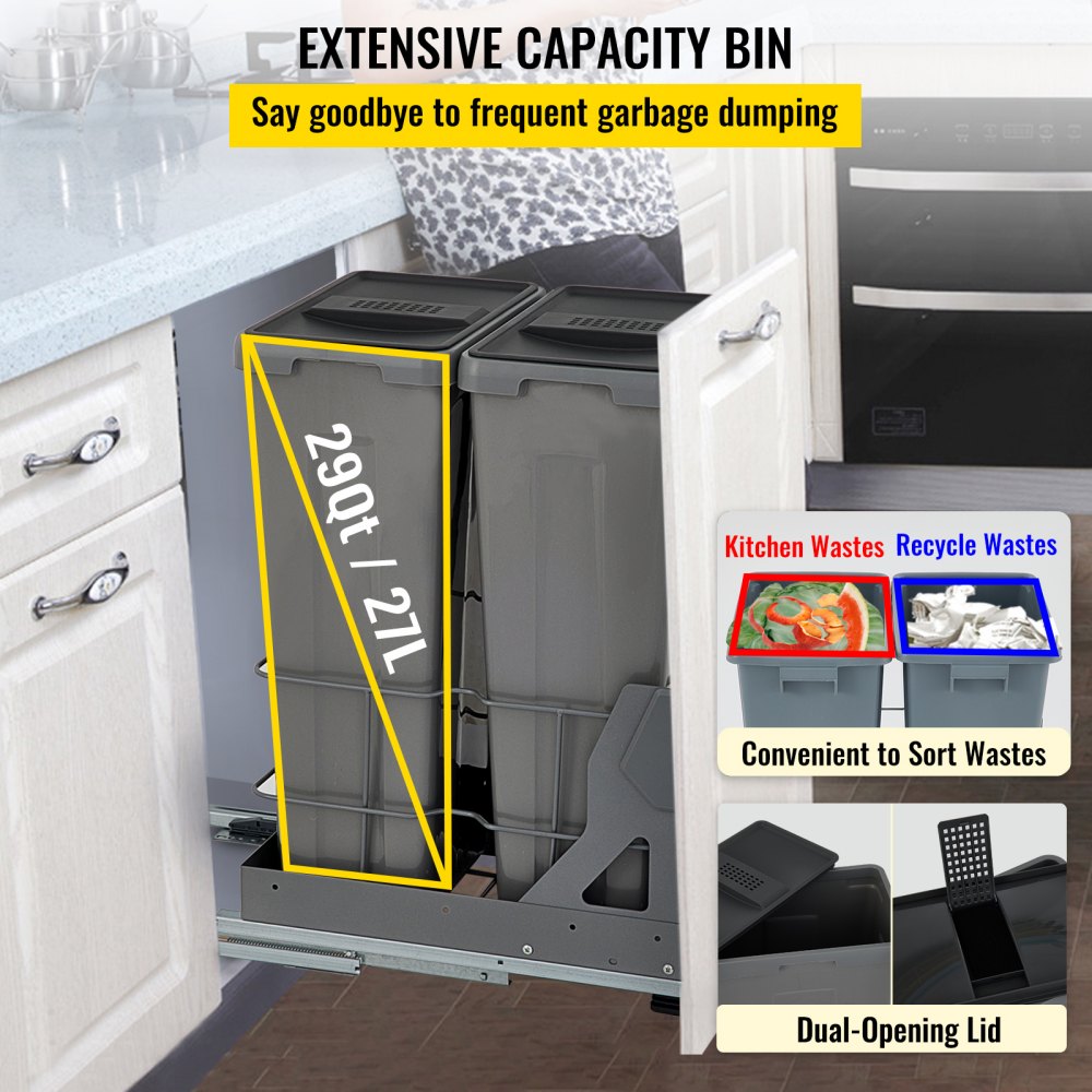 VEVOR Pull-Out Trash Can, 29Qt Double Bins, Under Mount Waste Container with Soft-Close Slides, 66 lbs Load Capacity & Door-Mounted Brackets, Garbage Recycling Bin with Lids for Kitchen Cabinet, Grey