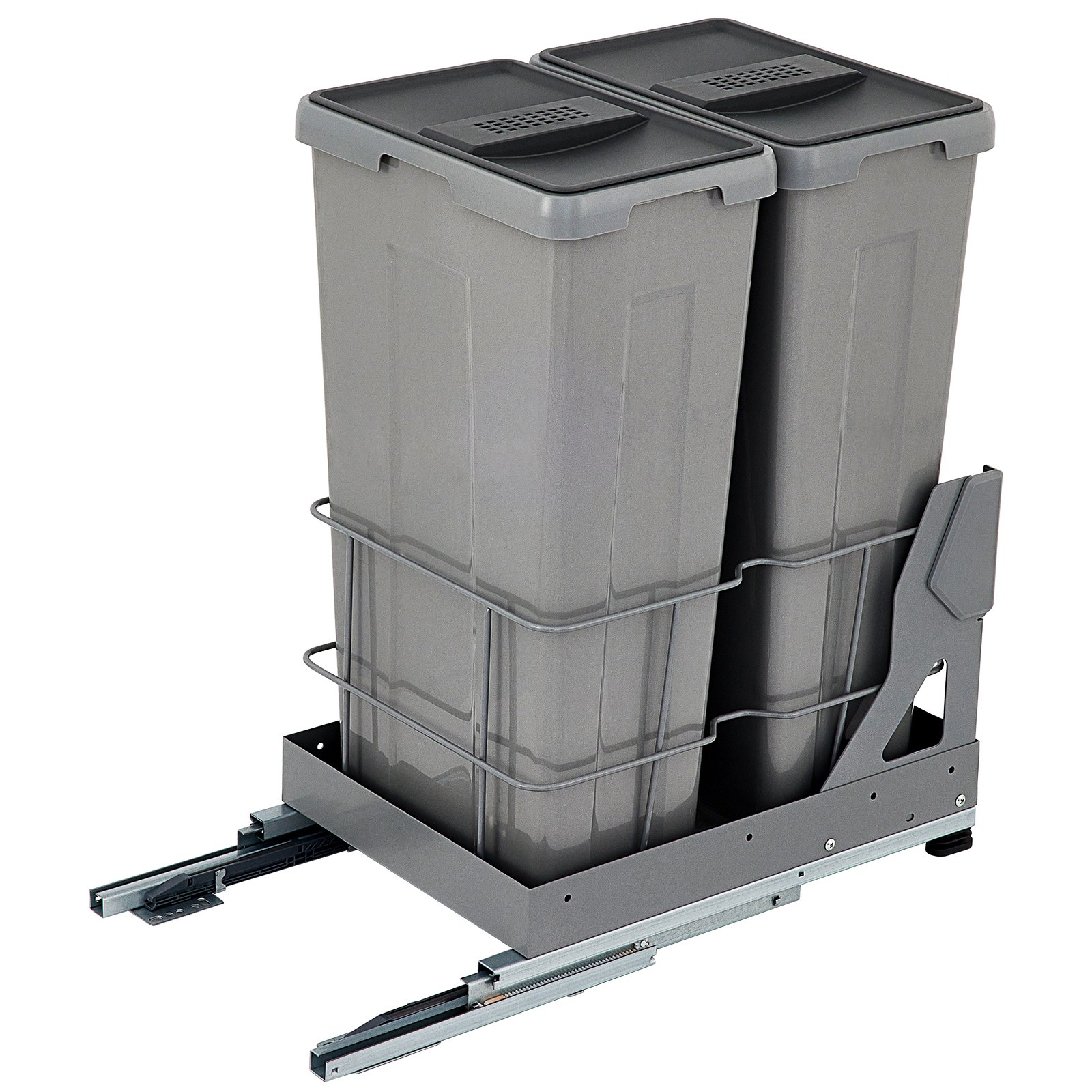 VEVOR Pull-Out Trash Can, 29Qt Double Bins, Under Mount Waste Container with Soft-Close Slides, 66 lbs Load Capacity & Door-Mounted Brackets, Garbage Recycling Bin with Lids for Kitchen Cabinet, Grey