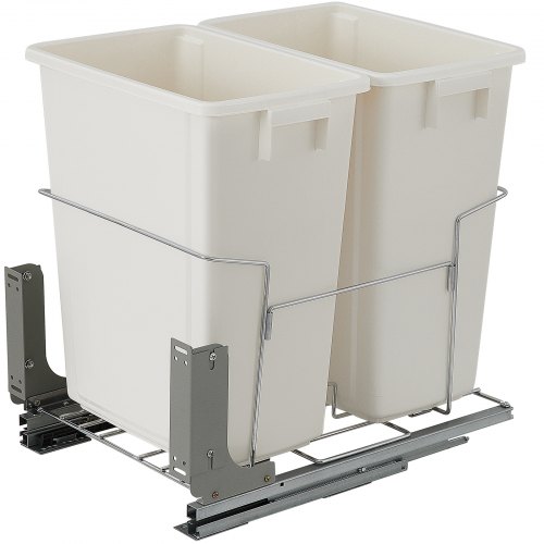 VEVOR Pull-Out Trash Can, 37Qt Double Bins, Under Mount Kitchen Waste Container with Soft-Close Slides, 44 lbs Load Capacity & Door-Mounted Brackets, Garbage Recycling Bin for Kitchen Cabinet, White