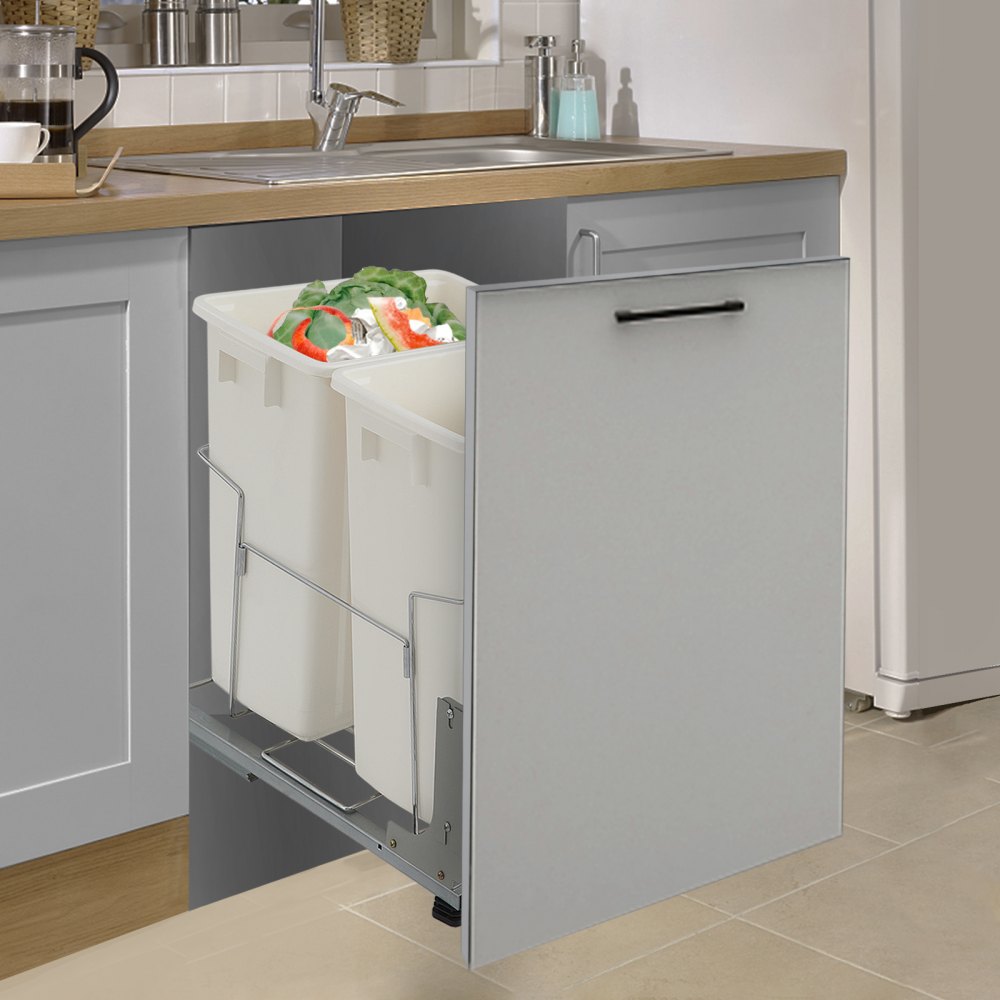 VEVOR Pull-Out Trash Can, 37Qt Double Bins, Under Mount Kitchen Waste Container with Soft-Close Slides, 44 lbs Load Capacity & Door-Mounted Brackets, Garbage Recycling Bin for Kitchen Cabinet, White
