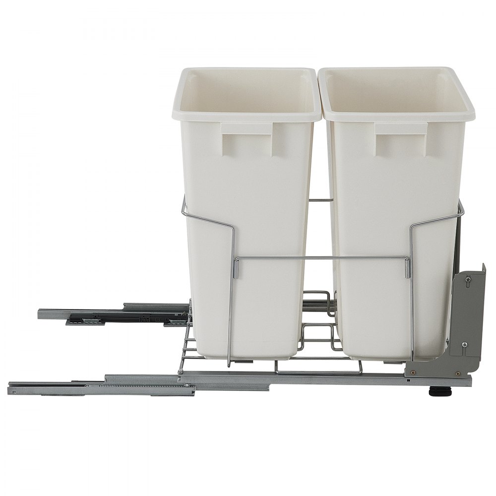 VEVOR Pull-Out Trash Can, 37Qt Double Bins, Under Mount Kitchen Waste Container with Soft-Close Slides, 44 lbs Load Capacity & Door-Mounted Brackets, Garbage Recycling Bin for Kitchen Cabinet, White