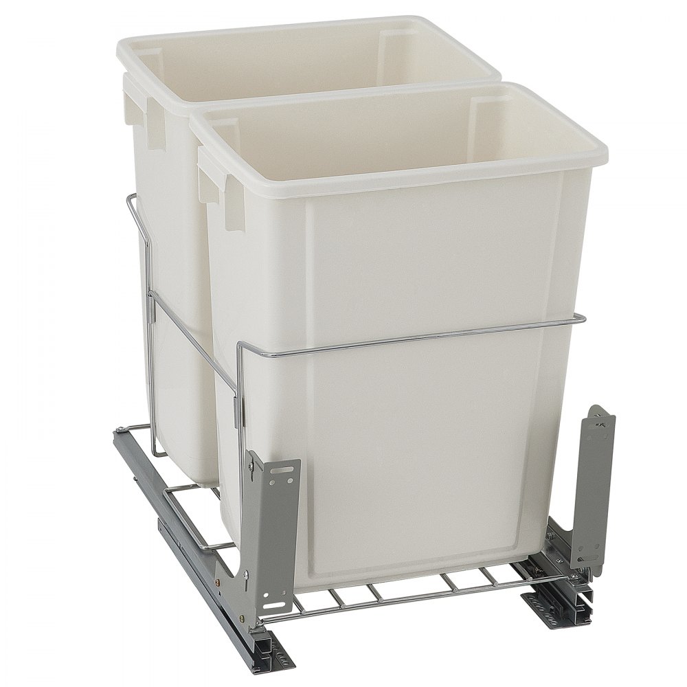 VEVOR Pull-Out Trash Can, 37Qt Double Bins, Under Mount Kitchen Waste Container with Soft-Close Slides, 44 lbs Load Capacity & Door-Mounted Brackets, Garbage Recycling Bin for Kitchen Cabinet, White