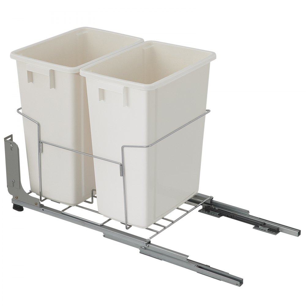 VEVOR Pull-Out Trash Can, 37Qt Double Bins, Under Mount Kitchen Waste Container with Soft-Close Slides, 44 lbs Load Capacity & Door-Mounted Brackets, Garbage Recycling Bin for Kitchen Cabinet, White