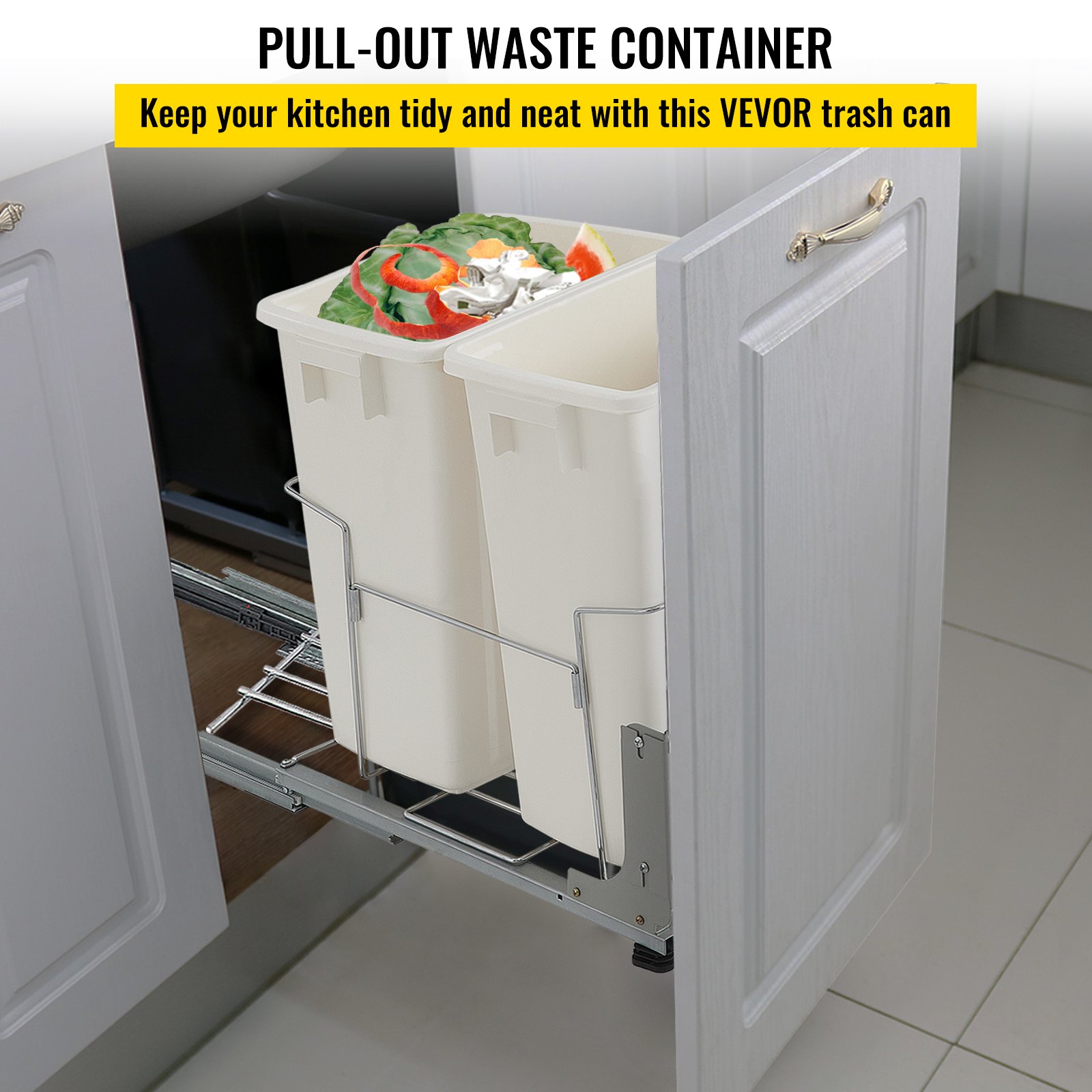 VEVOR Pull-Out Trash Can, 37Qt Double Bins, Under Mount Kitchen Waste Container with Soft-Close Slides, 44 lbs Load Capacity & Door-Mounted Brackets, Garbage Recycling Bin for Kitchen Cabinet, White