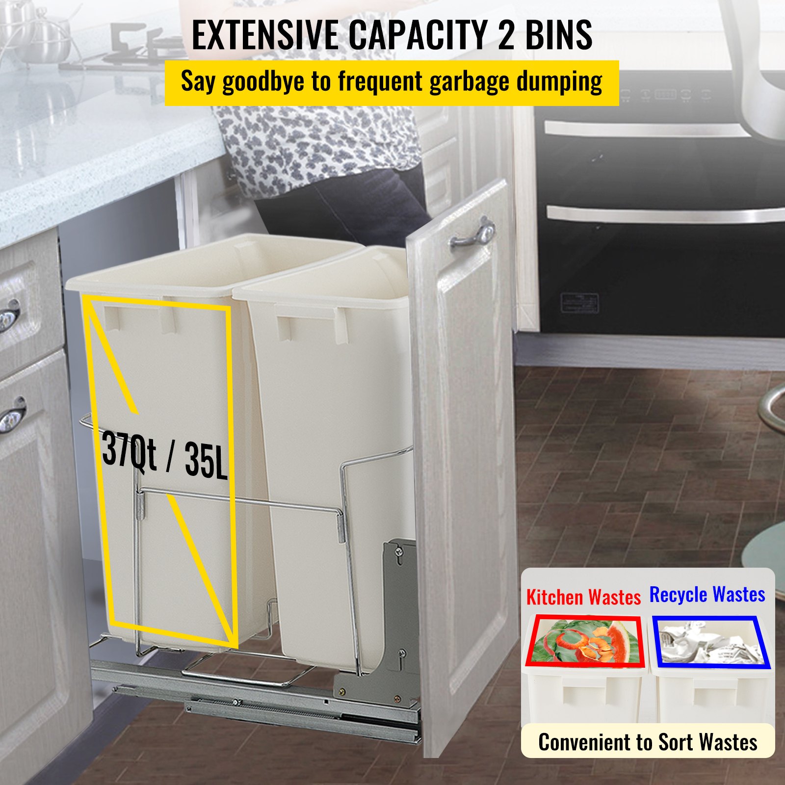 VEVOR Pull-Out Trash Can, 37Qt Double Bins, Under Mount Kitchen Waste Container with Soft-Close Slides, 44 lbs Load Capacity & Door-Mounted Brackets, Garbage Recycling Bin for Kitchen Cabinet, White