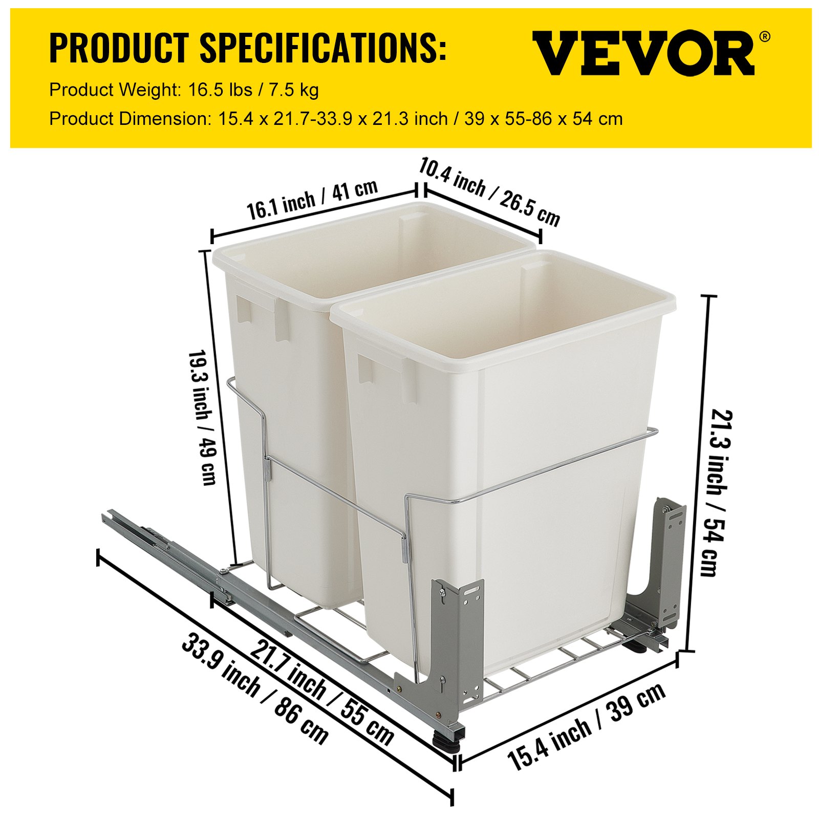 VEVOR Pull-Out Trash Can, 37Qt Double Bins, Under Mount Kitchen Waste Container with Soft-Close Slides, 44 lbs Load Capacity & Door-Mounted Brackets, Garbage Recycling Bin for Kitchen Cabinet, White