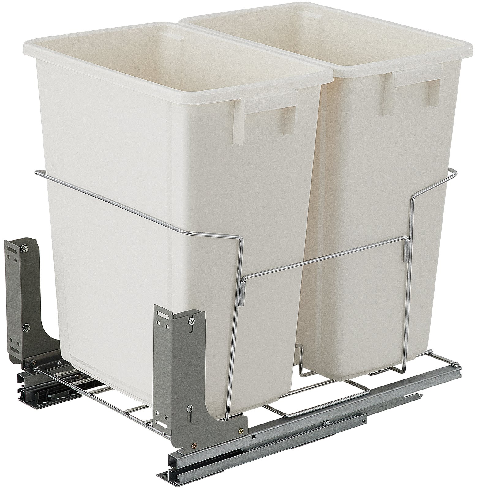 VEVOR Pull-Out Trash Can, 37Qt Double Bins, Under Mount Kitchen Waste Container with Soft-Close Slides, 44 lbs Load Capacity & Door-Mounted Brackets, Garbage Recycling Bin for Kitchen Cabinet, White