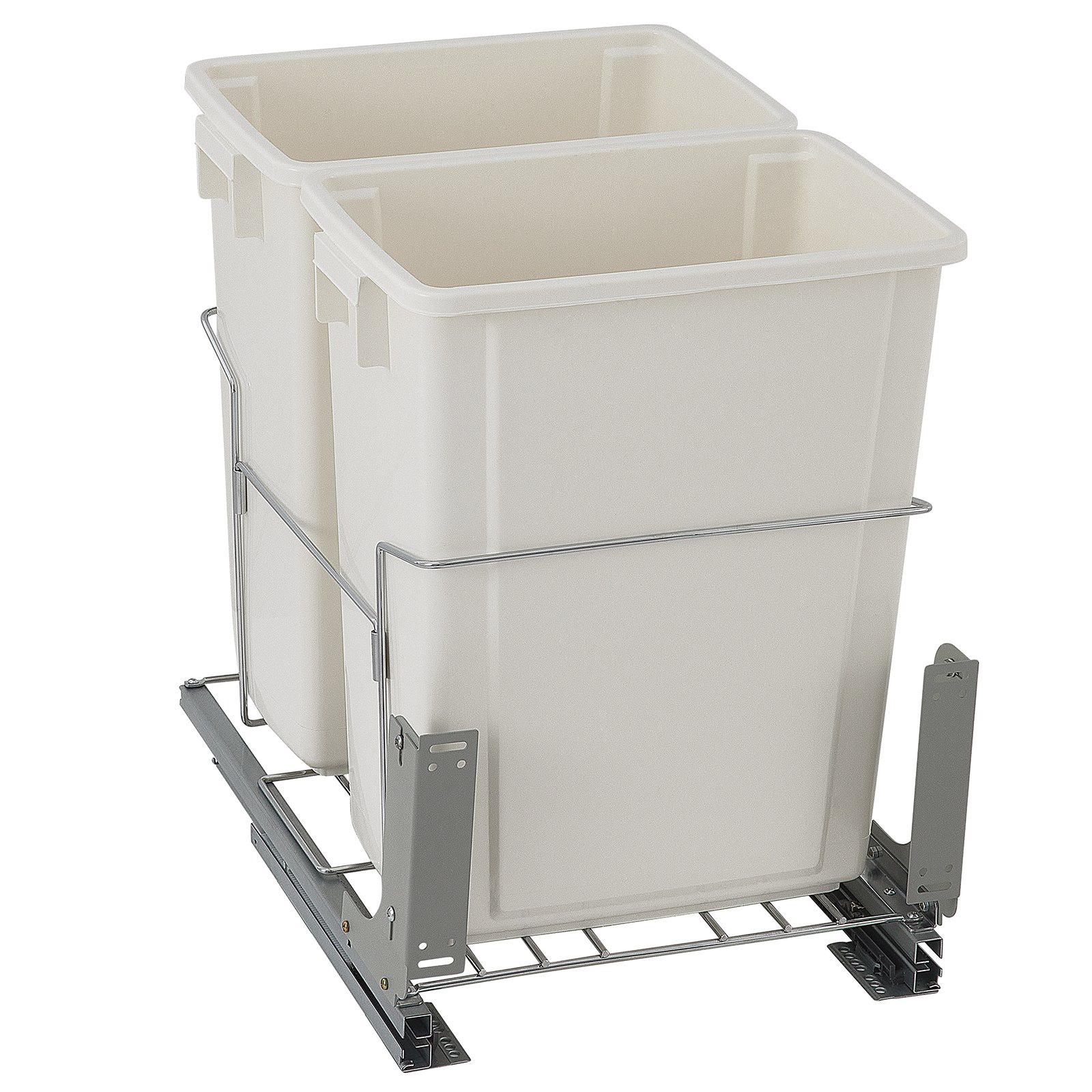 VEVOR Pull-Out Trash Can, 37Qt Double Bins, Under Mount Kitchen Waste Container with Soft-Close Slides, 44 lbs Load Capacity & Door-Mounted Brackets, Garbage Recycling Bin for Kitchen Cabinet, White