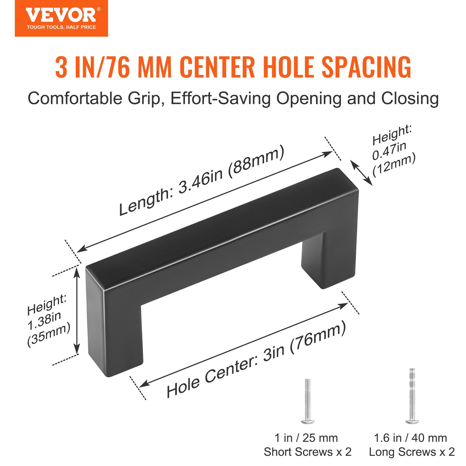 VEVOR cabinet pulls with 3 in (76 mm) hole spacing, 3.46 in (88 mm) length, and 1.38 in (35 mm) height.