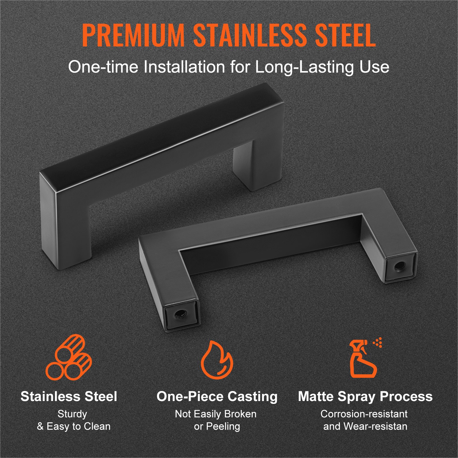 premium stainless steel VEVOR cabinet pulls with one-piece casting and matte spray process for durability.