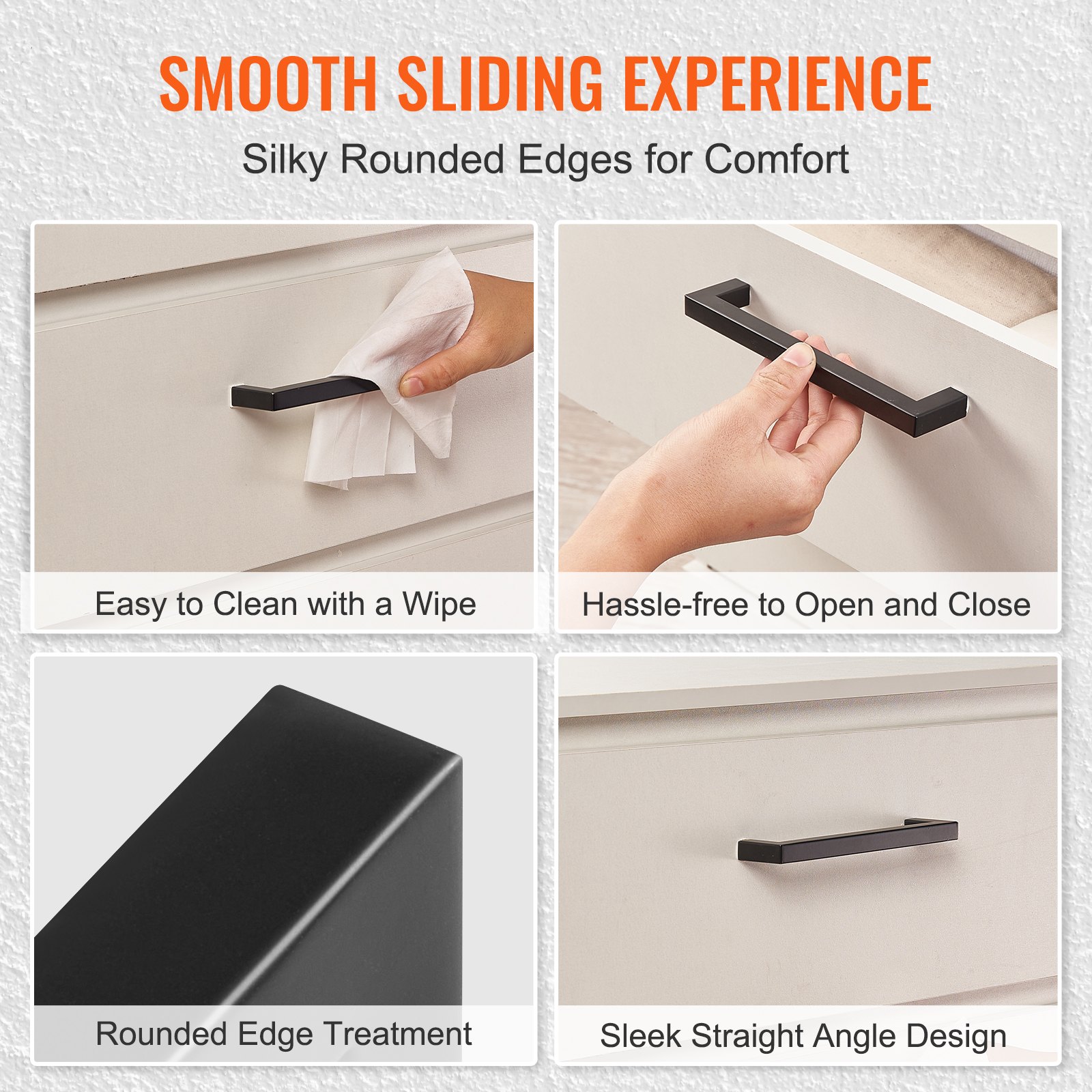 VEVOR cabinet pulls with sleek design, rounded edges, easy to clean, and hassle-free opening.