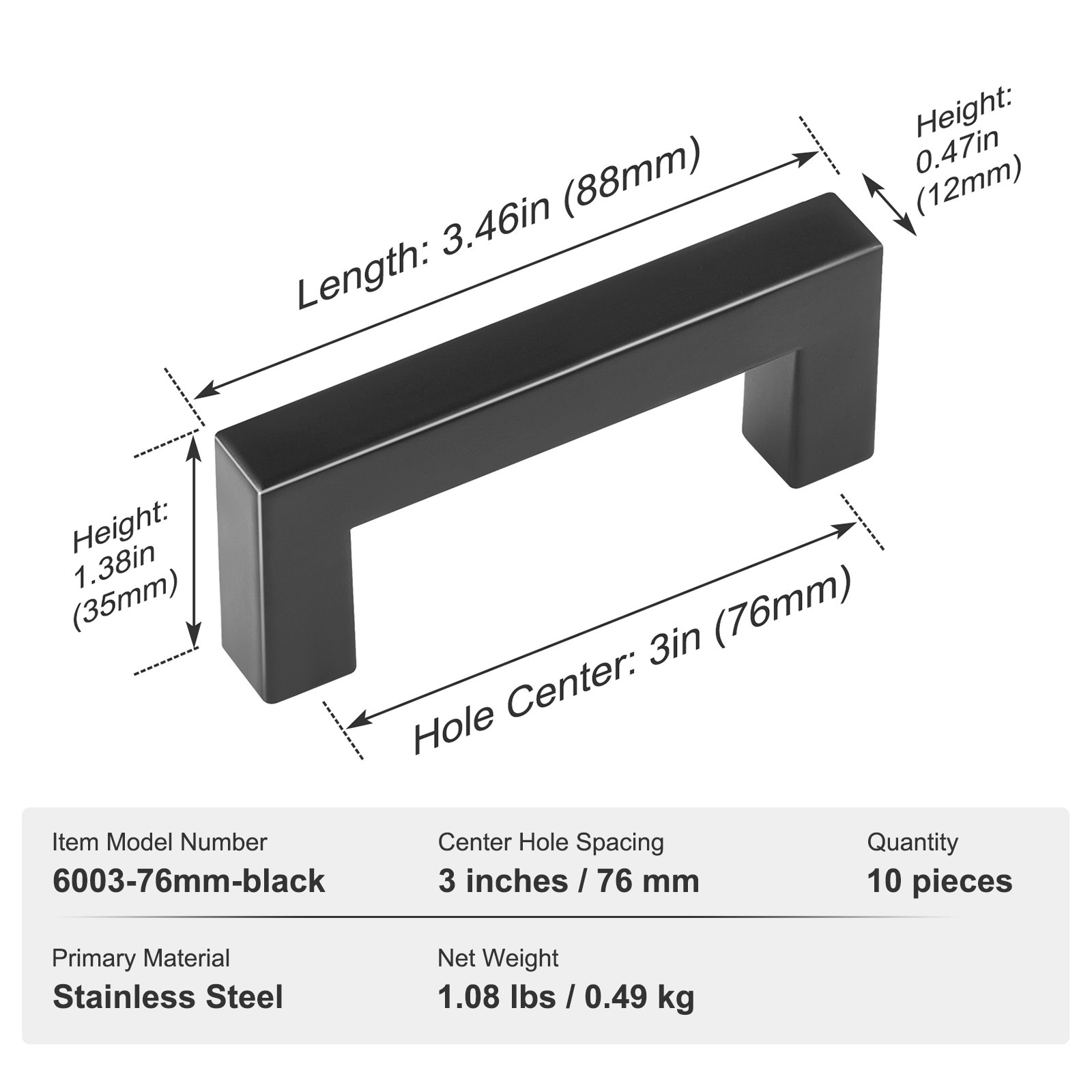 black VEVOR cabinet pulls, 3.46in length, 1.38in height, 3in hole center spacing, stainless steel, 10 pieces.