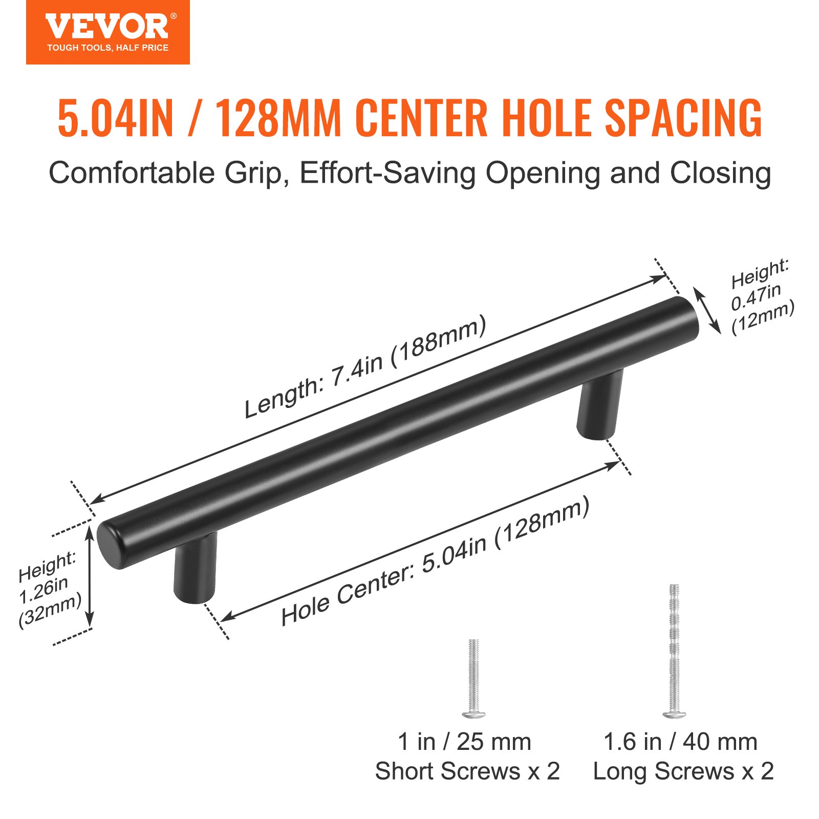 VEVOR cabinet pulls, 128mm center hole spacing, black handle, includes short and long screws.