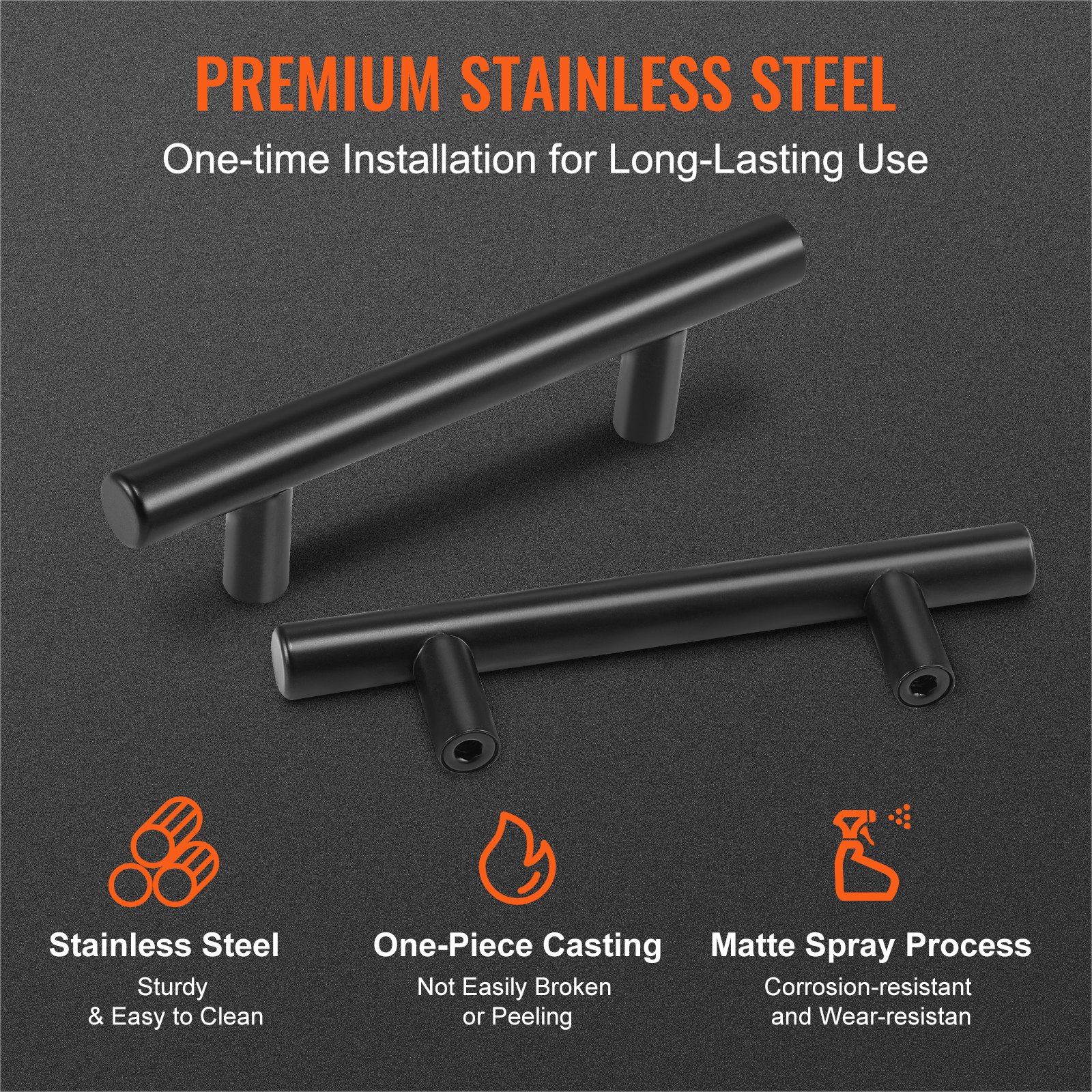 black VEVOR cabinet pulls made of premium stainless steel with matte spray process for durability.