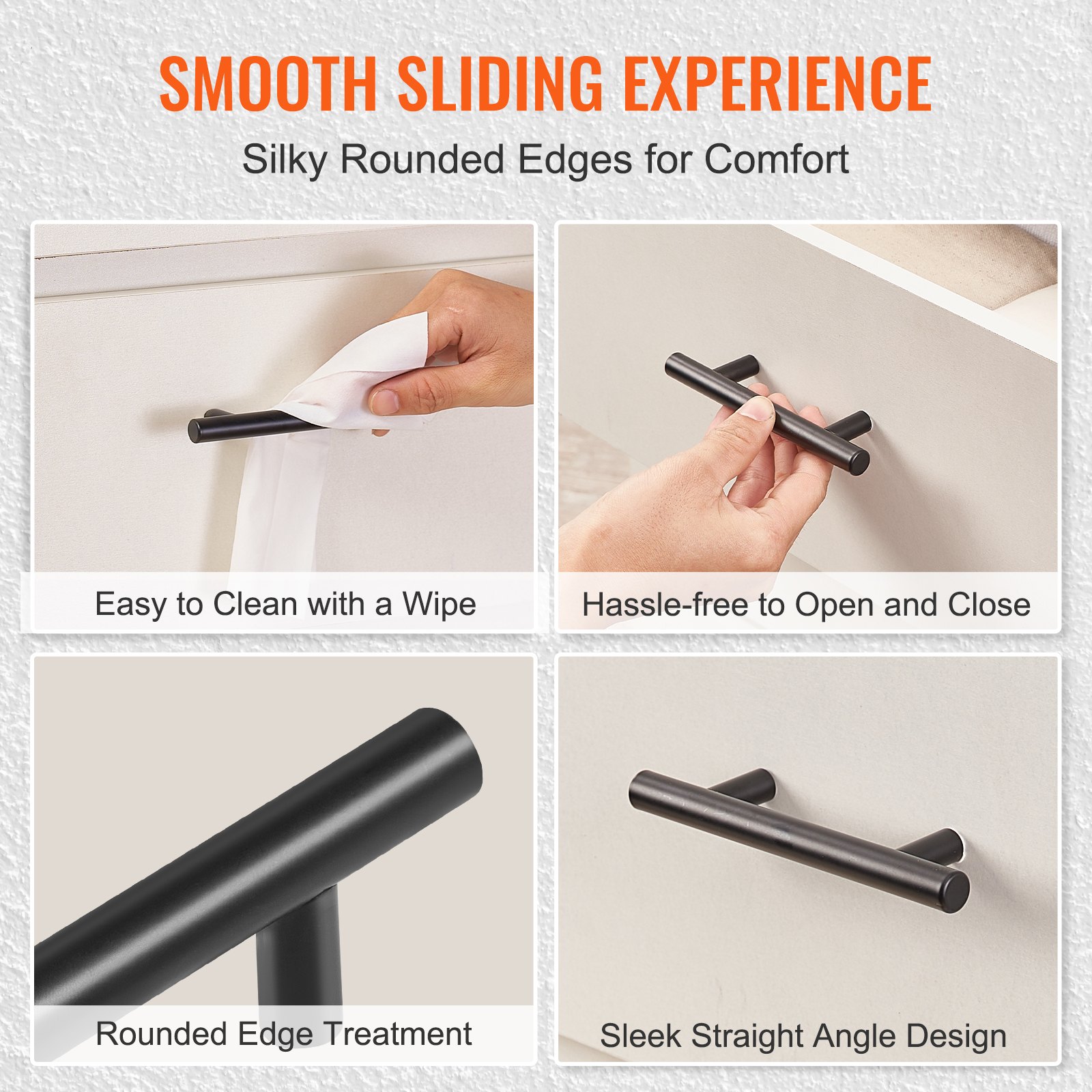 VEVOR cabinet pulls with smooth sliding, easy cleaning, rounded edges, and sleek design.