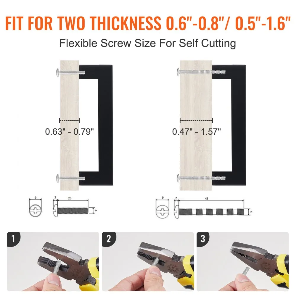 VEVOR cabinet pulls for 0.6&quot;-0.8&quot; and 0.5&quot;-1.6&quot; thickness, flexible screws for self-cutting, installation steps shown.