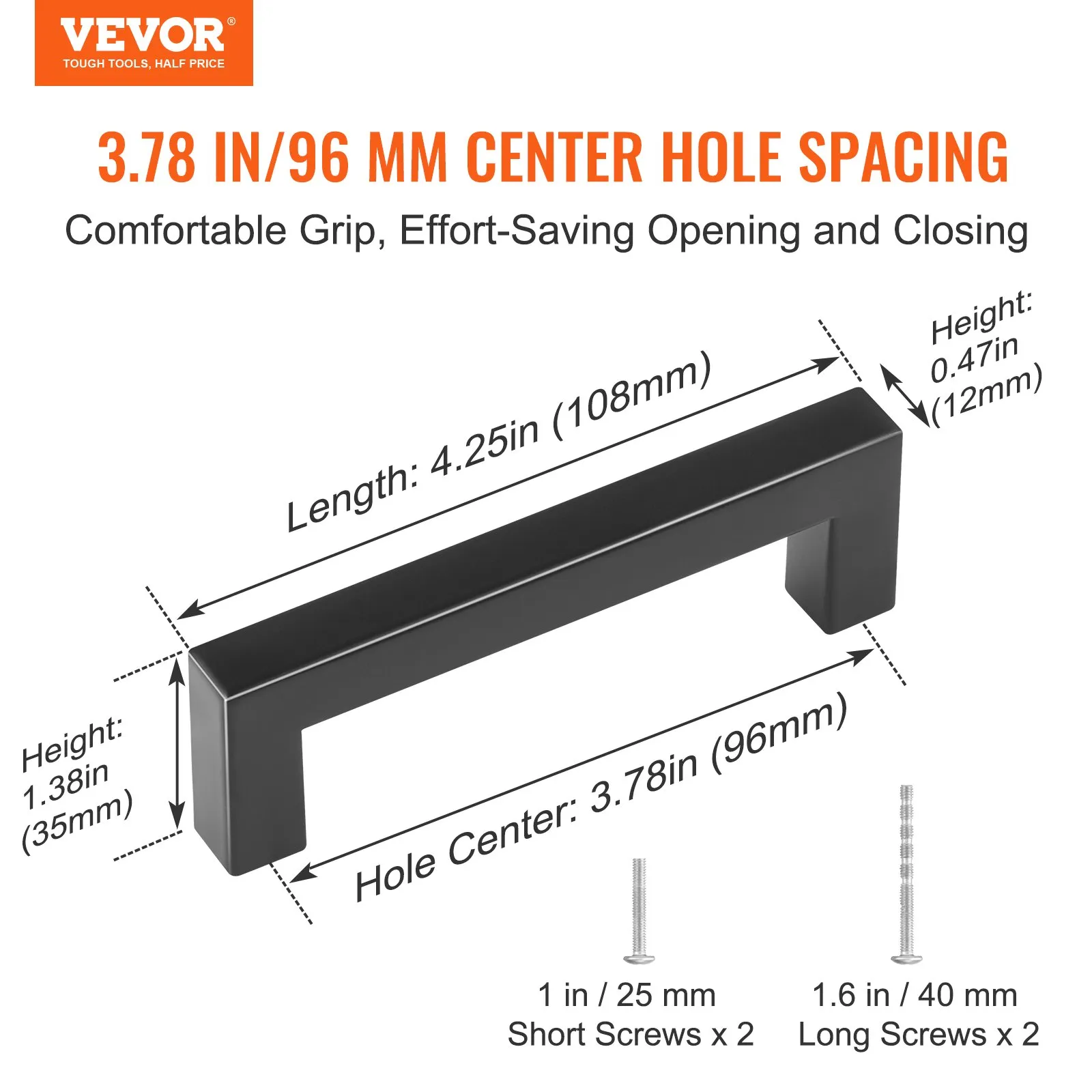 VEVOR cabinet pulls, black, 3.78in (96mm) center hole spacing, 4.25in length, screws included.