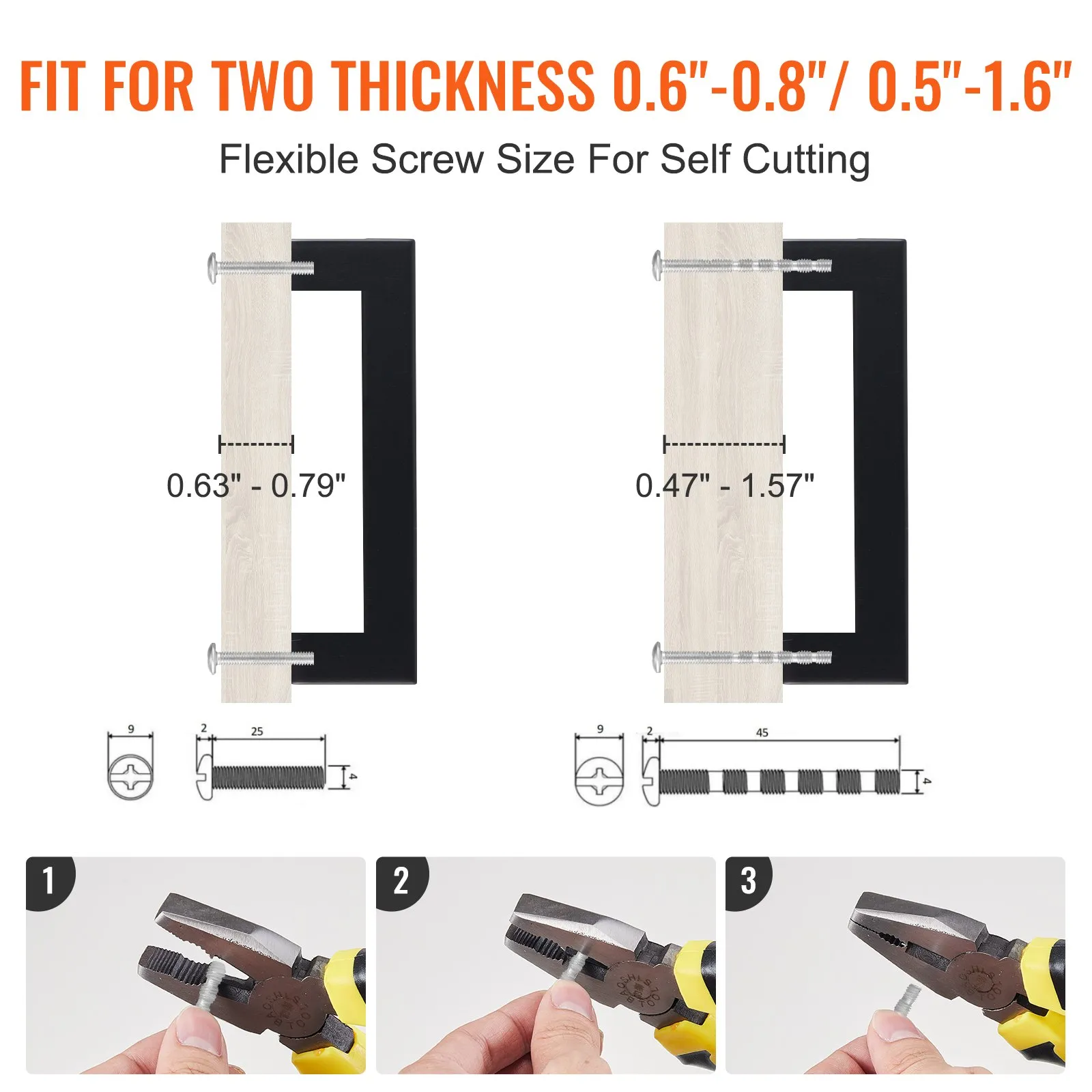 VEVOR cabinet pulls for 0.6&quot;-0.8&quot; and 0.5&quot;-1.6&quot; thickness, flexible screws for self-cutting, installation steps shown.