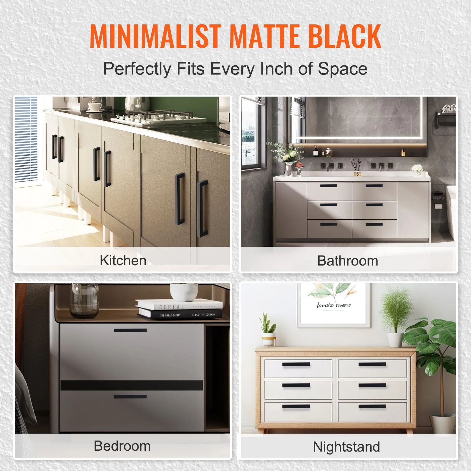 minimalist matte black VEVOR cabinet pulls on kitchen, bathroom, bedroom, and nightstand drawers.