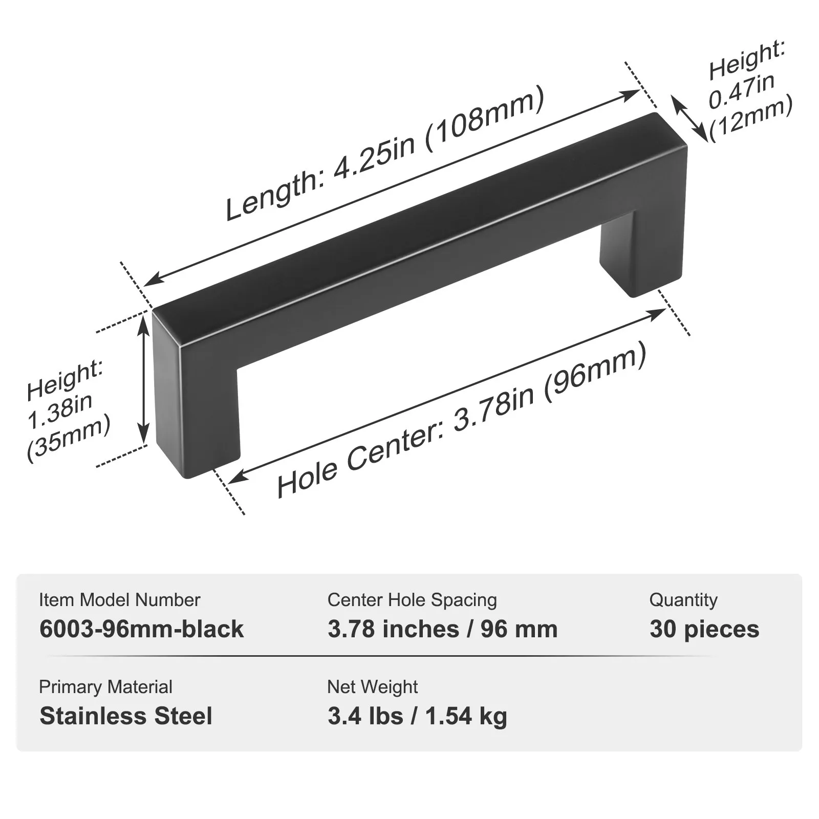 black VEVOR cabinet pulls, 4.25in length, 3.78in hole center, 1.38in height, stainless steel, 30 pieces.