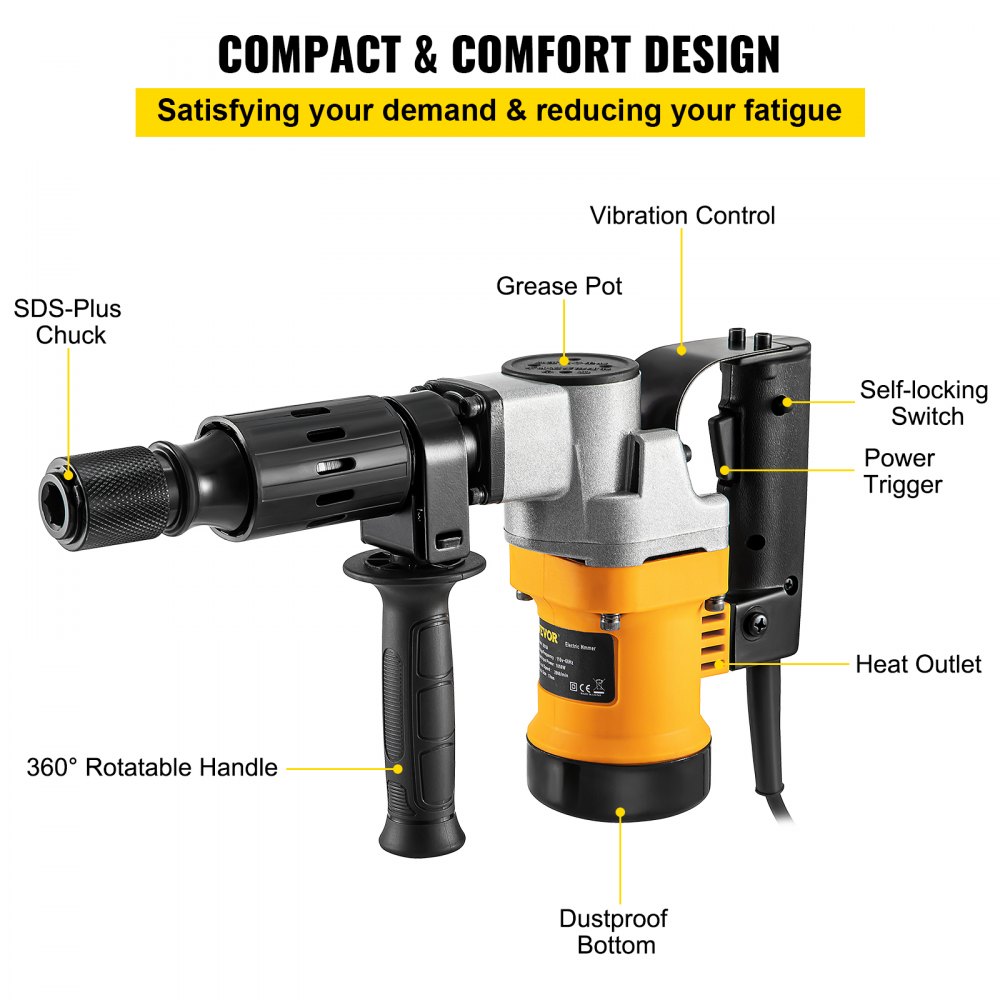VEVOR Demolition Hammer, 0.67" 9.5 Amp Corded Concrete Breaker Accepts SDS-Plus Bits, 1050W Jack Hammer w/Flat and Point Chisel Bits & Case, 6.5 Joule Concrete Jack for Breaking tough Ground & Wall
