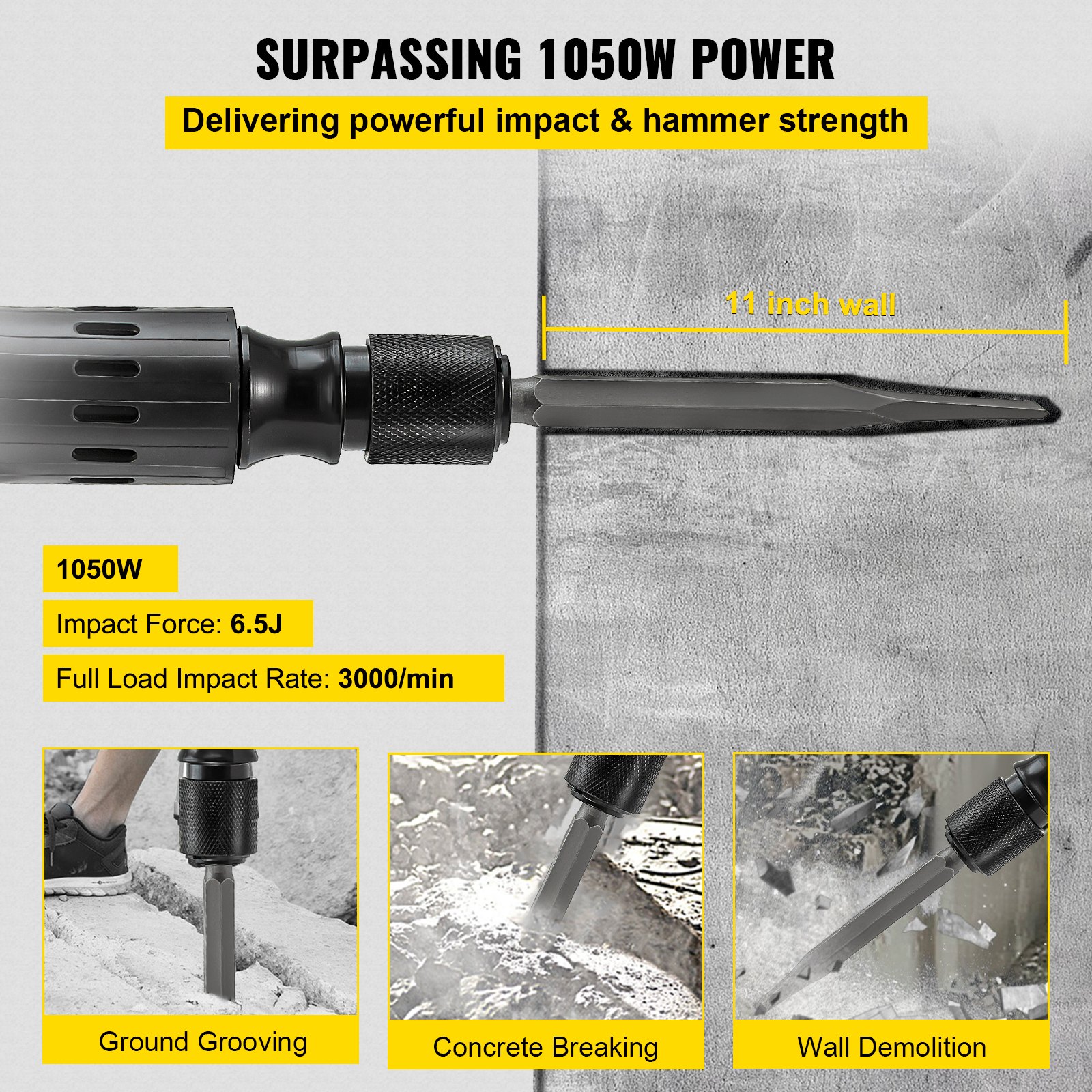 VEVOR Demolition Hammer, 0.67" 9.5 Amp Corded Concrete Breaker Accepts SDS-Plus Bits, 1050W Jack Hammer w/Flat and Point Chisel Bits & Case, 6.5 Joule Concrete Jack for Breaking tough Ground & Wall